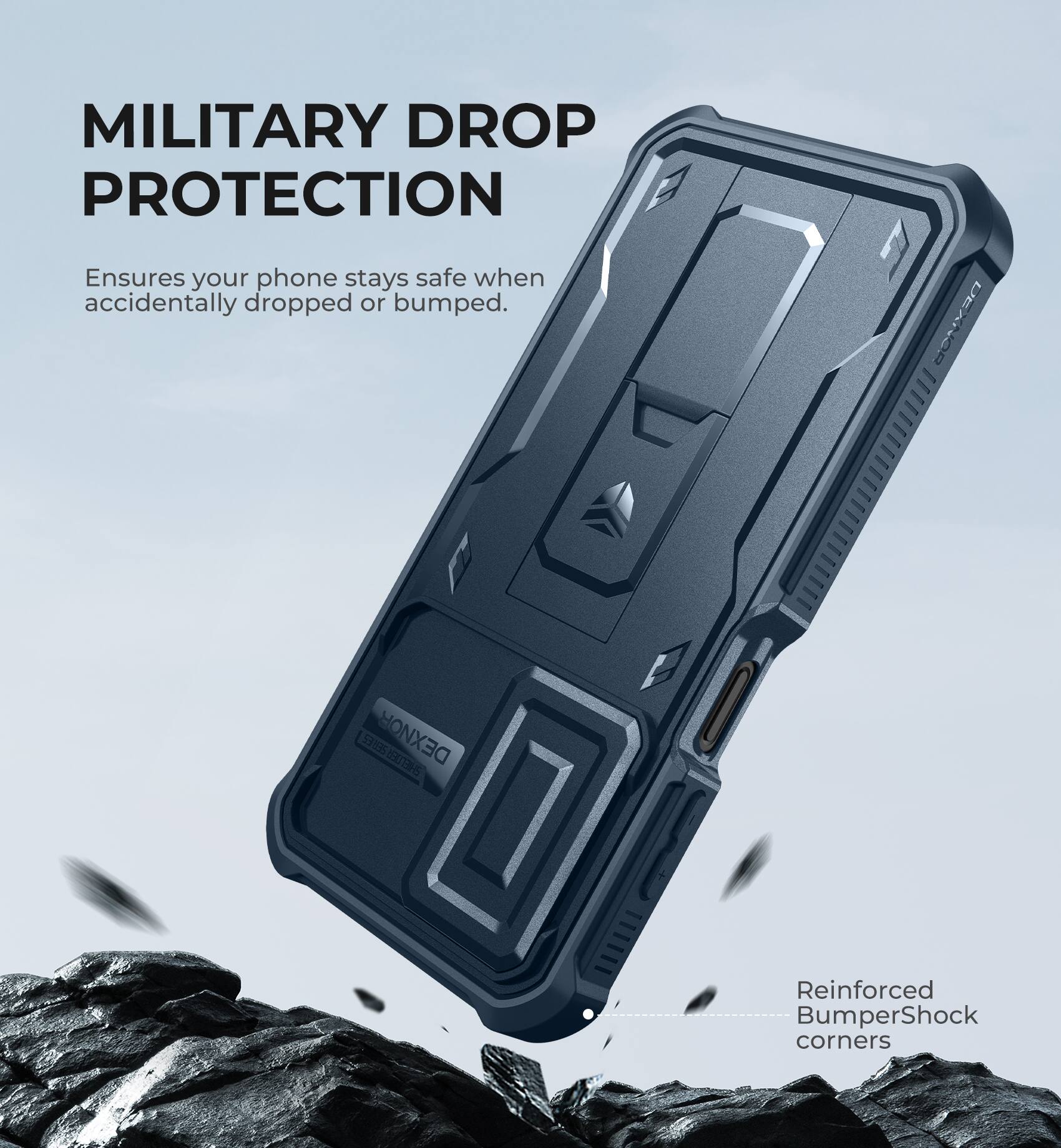 MILITARY DROP PROTECTION  
Ensures your phone stays safe when accidentally dropped or bumped.  

Reinforced BumperShock corners