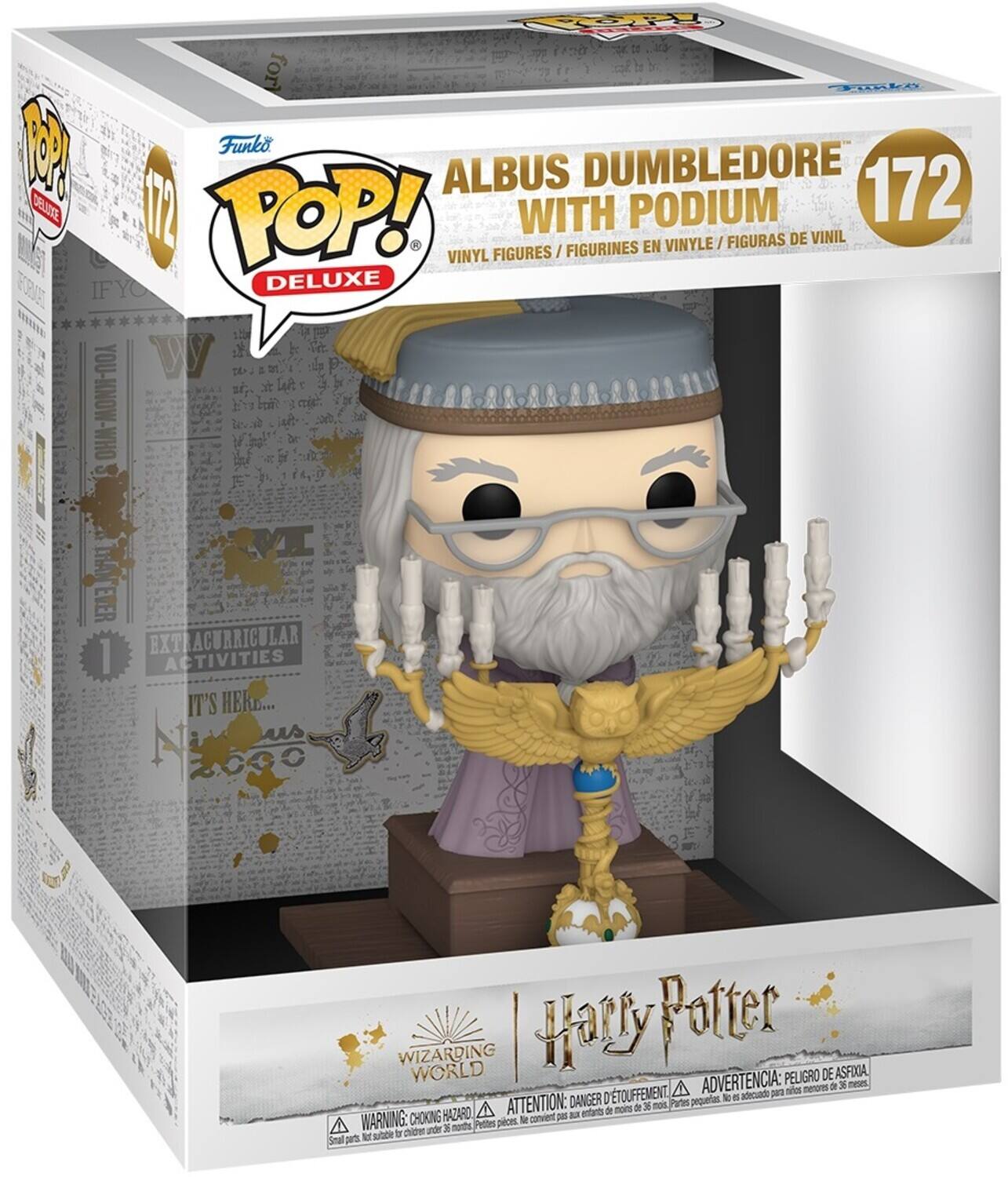 The text on the image is:

"Funko POP! Deluxe Albus Dumbledore 172 with Podium Vinyl Figures / Figurines en Vinyle / Figuras de Vinil. Harry Potter Wizarding World. Warning: Choking Hazard - Small parts. Not for children under 3 years."

Corrected and grouped text:

Funko POP! Deluxe Albus Dumbledore 172 with Podium Vinyl Figures / Figurines en Vinyle / Figuras de Vinil. Harry Potter Wizarding World. Warning: Choking Hazard - Small parts. Not for children under 3 years.