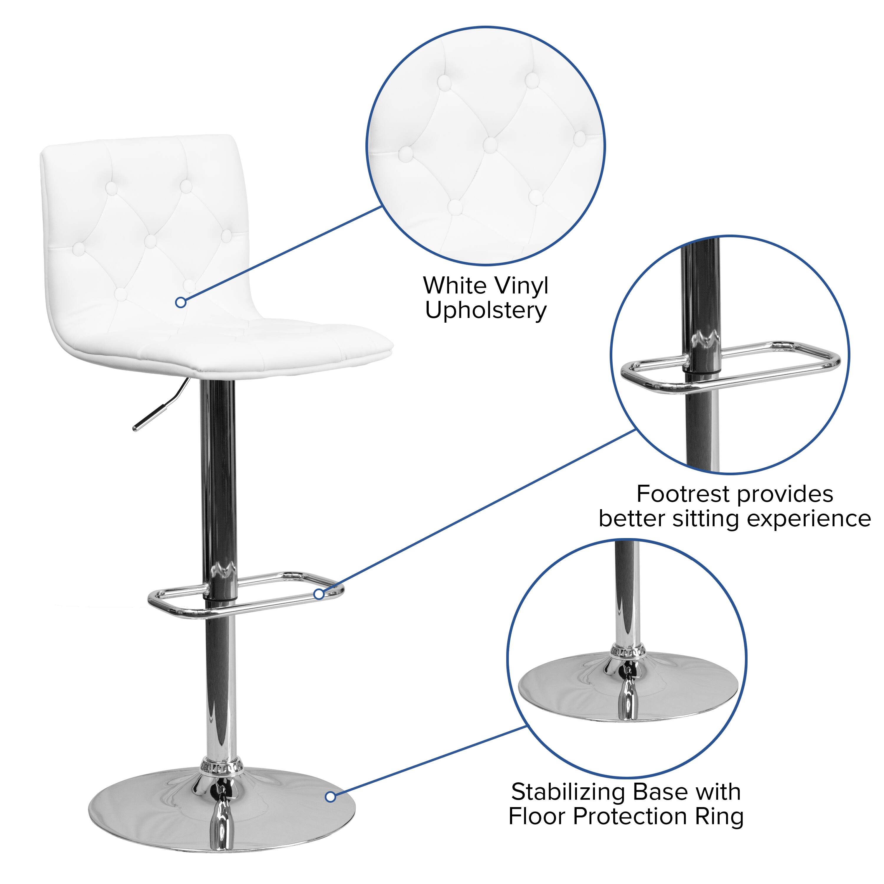 White Vinyl Upholstery Footrest provides better sitting experience. Stabilizing Base with Floor Protection Ring.