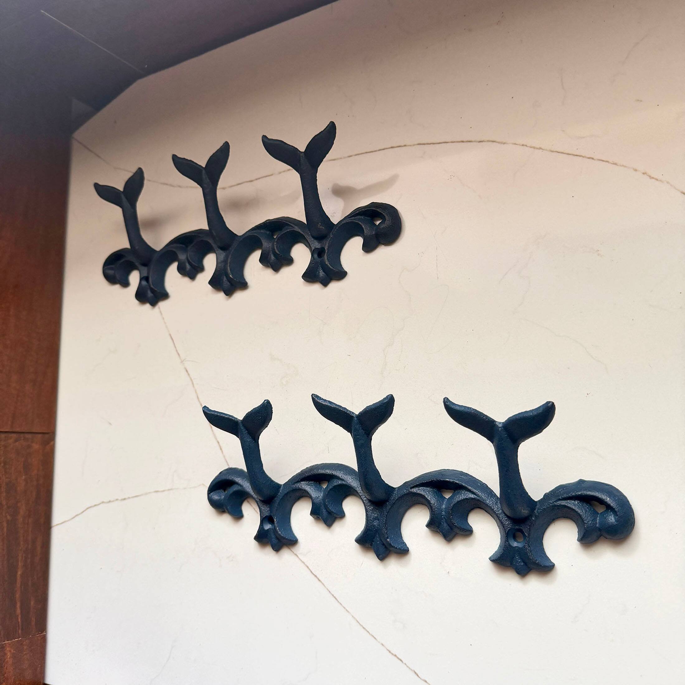 Alt View 3. Things2Die4 - Set of 2 Whale Tail Wall Hooks Cast Iron Blue Coastal Triple Hook 10.5 In - Blue.