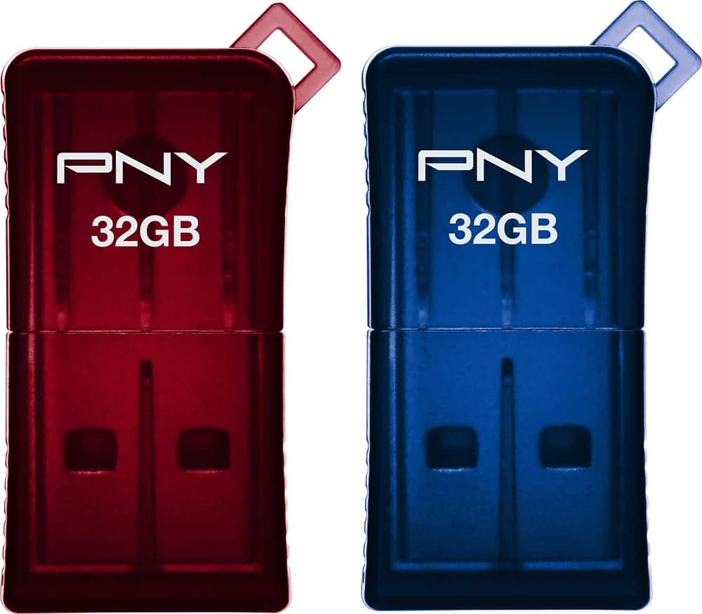 Front. PNY - Micro Sleek Attaché 32GB USB 2.0 Flash Drives (2-Pack) - Blue; Red.