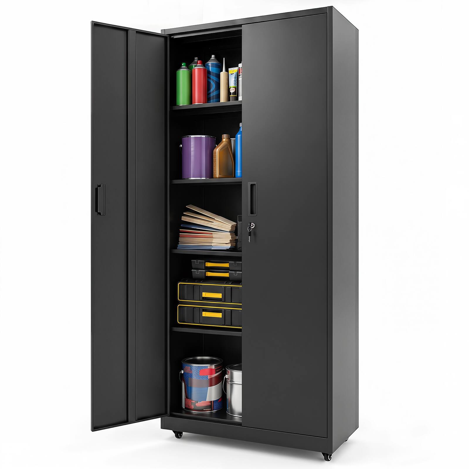 Costway - 73" Rolling Metal Storage Cabinet with 4 Smooth Wheels, 2 Locks & 2 Keys for Office - Black