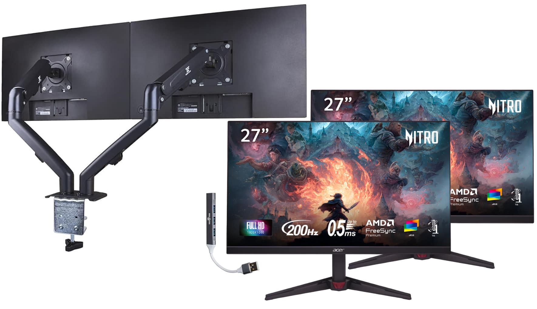 Acer - Nitro VG270X 27" FHD IPS Monitor, 0.5ms Response Time, (UM.HV0AA.101) 2 Pack w/DKZ Hub & ErgoFlexy Dual Mount Arms - Black
