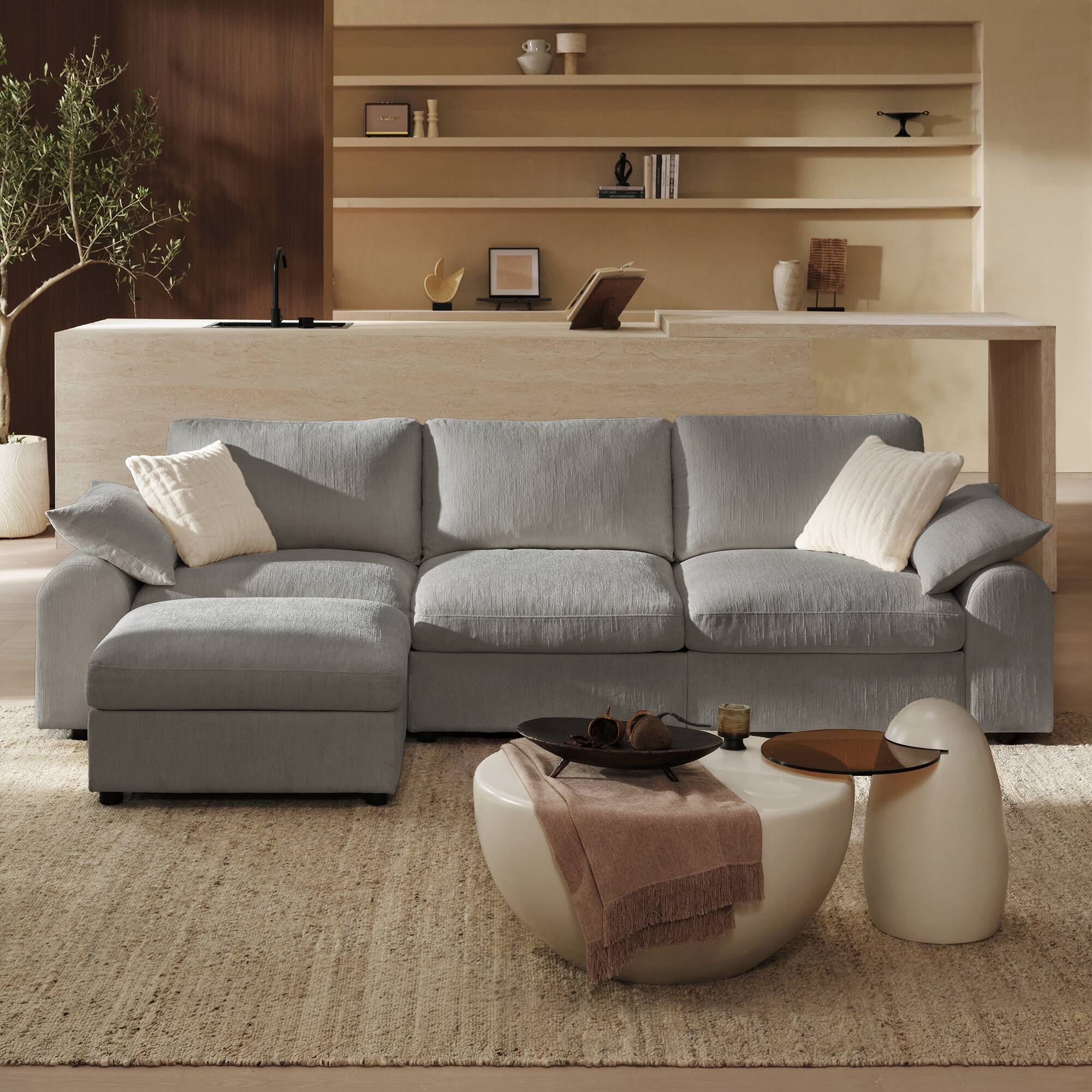 Angle. ModernMate - Chenille Cloud Modular Sectional, Down-Blend Cushions, Tool-Free Assembly, Machine-Washable Covers - Gray.
