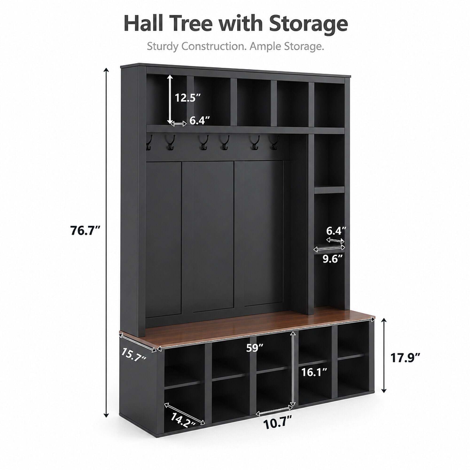 RYHNUYNE 4 in 1 Hall Tree, 59.0 in Wide, Walnut Bench, Black Finish, 6 ...