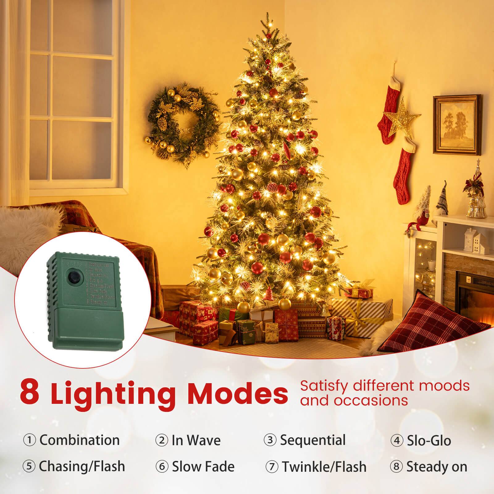 8 Lighting Modes  
Satisfy different moods and occasions  

1. Combination  
2. In Wave  
3. Sequential  
4. Slo-Glo  
5. Chasing/Flash  
6. Slow Fade  
7. Twinkle/Flash  
8. Steady on