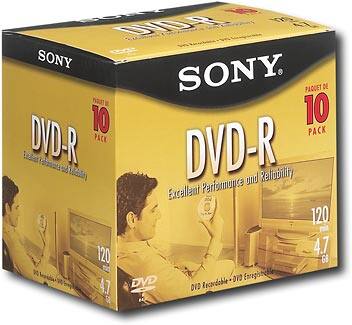 Angle Standard. Sony - DVD Recordable Media - DVD-R - 16x - 4.70 GB - 10 Pack Jewel Case.