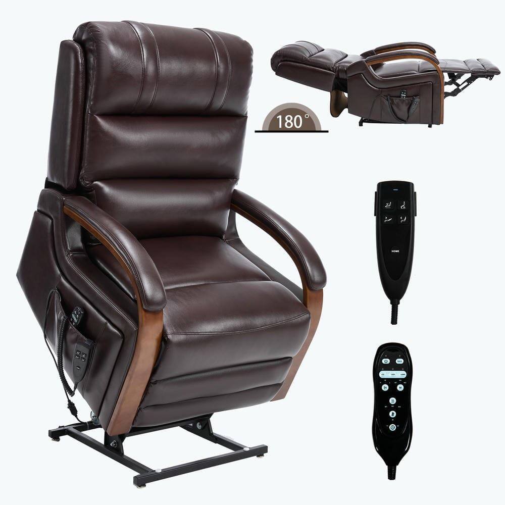 Alt View 1. Kadyn - Dual Motor Power Lift Recliner, 8-Point Massage & Heat, Solid Wood Armrests, 350lb Capacity, Dark Brown - Brown.