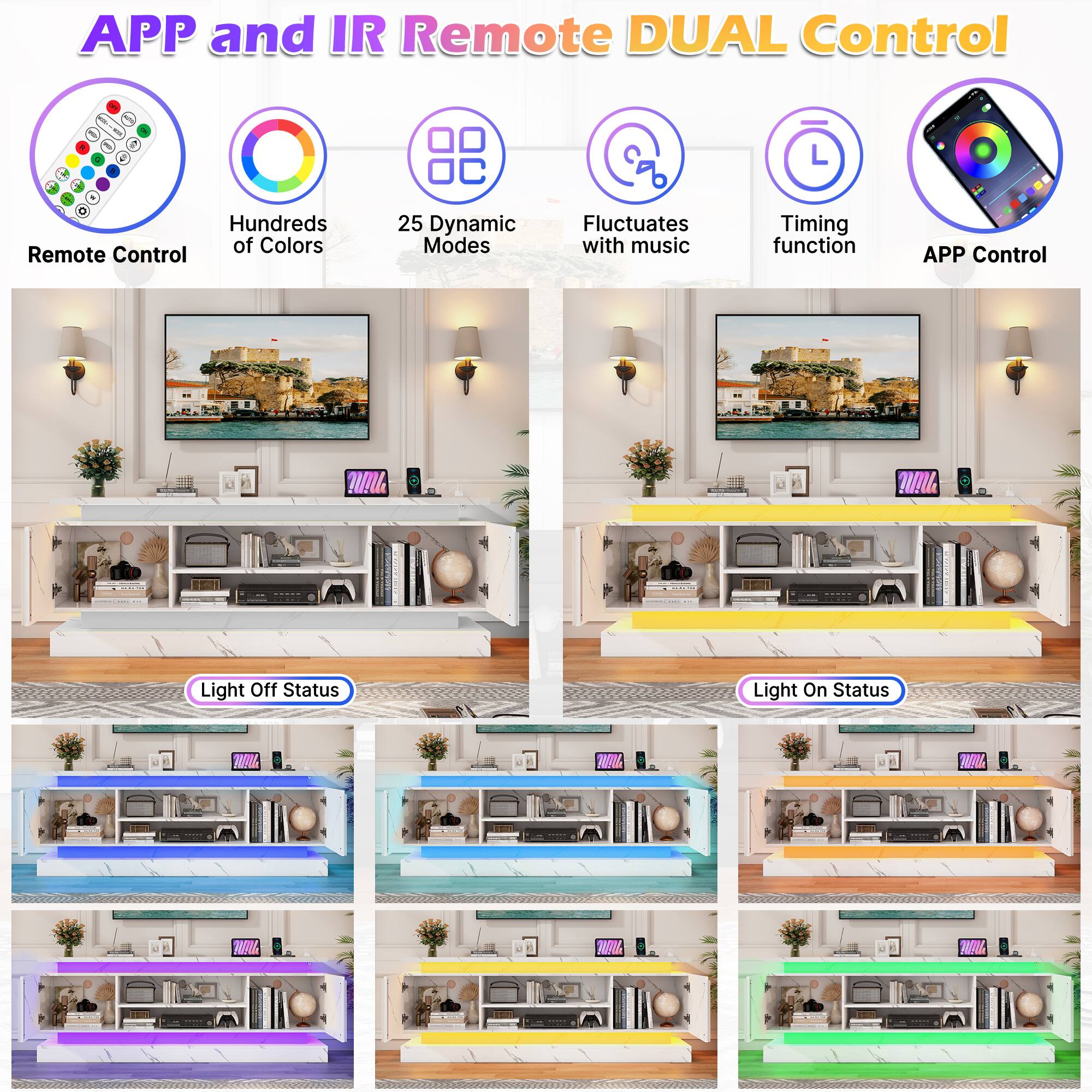 APP and IR Remote DUAL Control

- Remote Control
- Hundreds of Colors
- 25 Dynamic Modes
- Fluctuates with music
- Timing function
- APP Control

Light Off Status
Light On Status