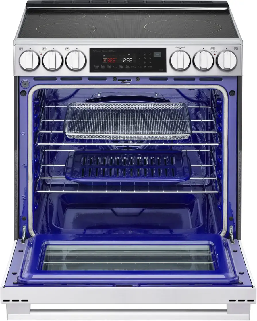 The oven is blue and white and has a digital display. The display shows the time of 2:35.