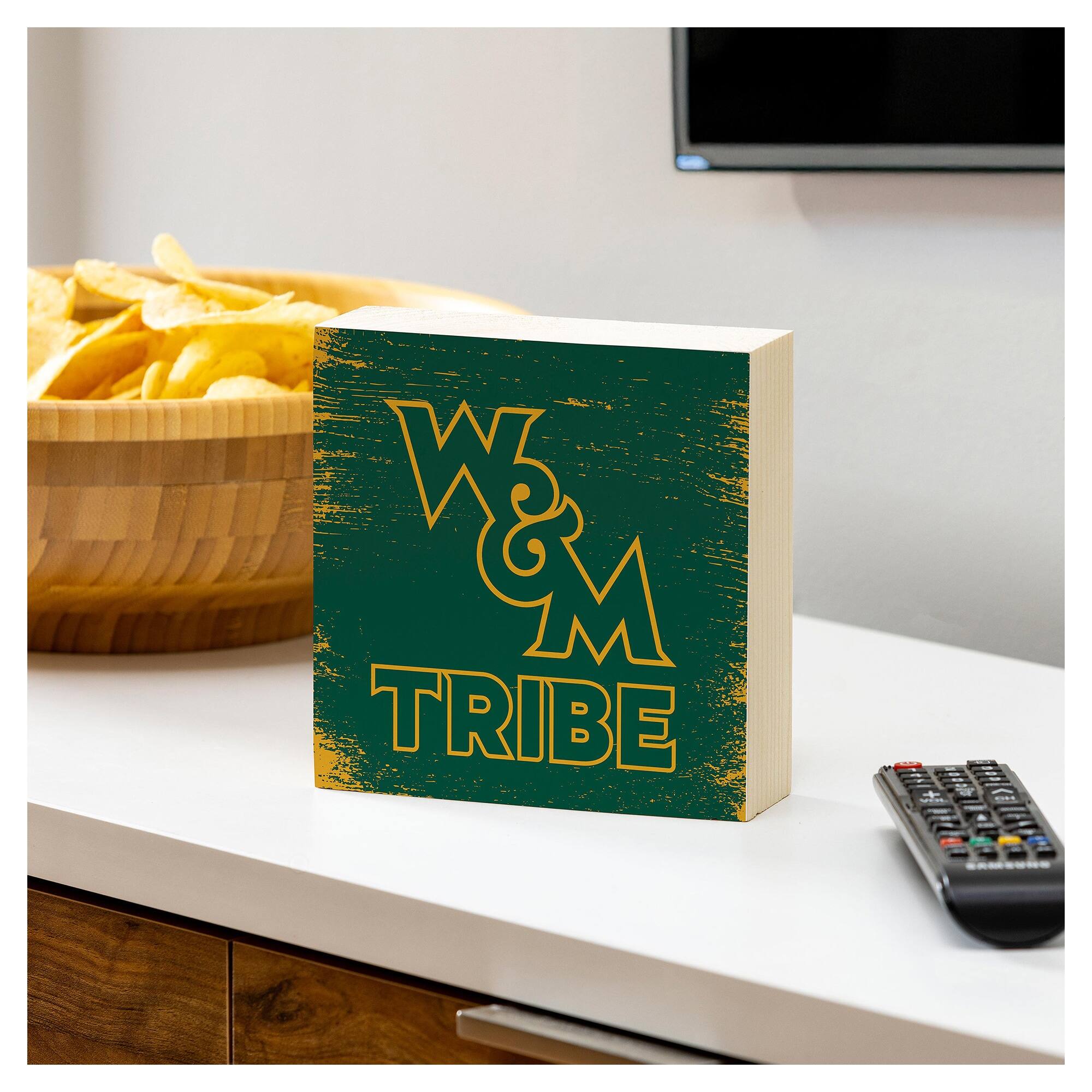 Alt View 2. Evergreen Enterprises - William & Mary Tribe 6" Square Fan Chant Wood Block Shelf Sign - Multicolor.