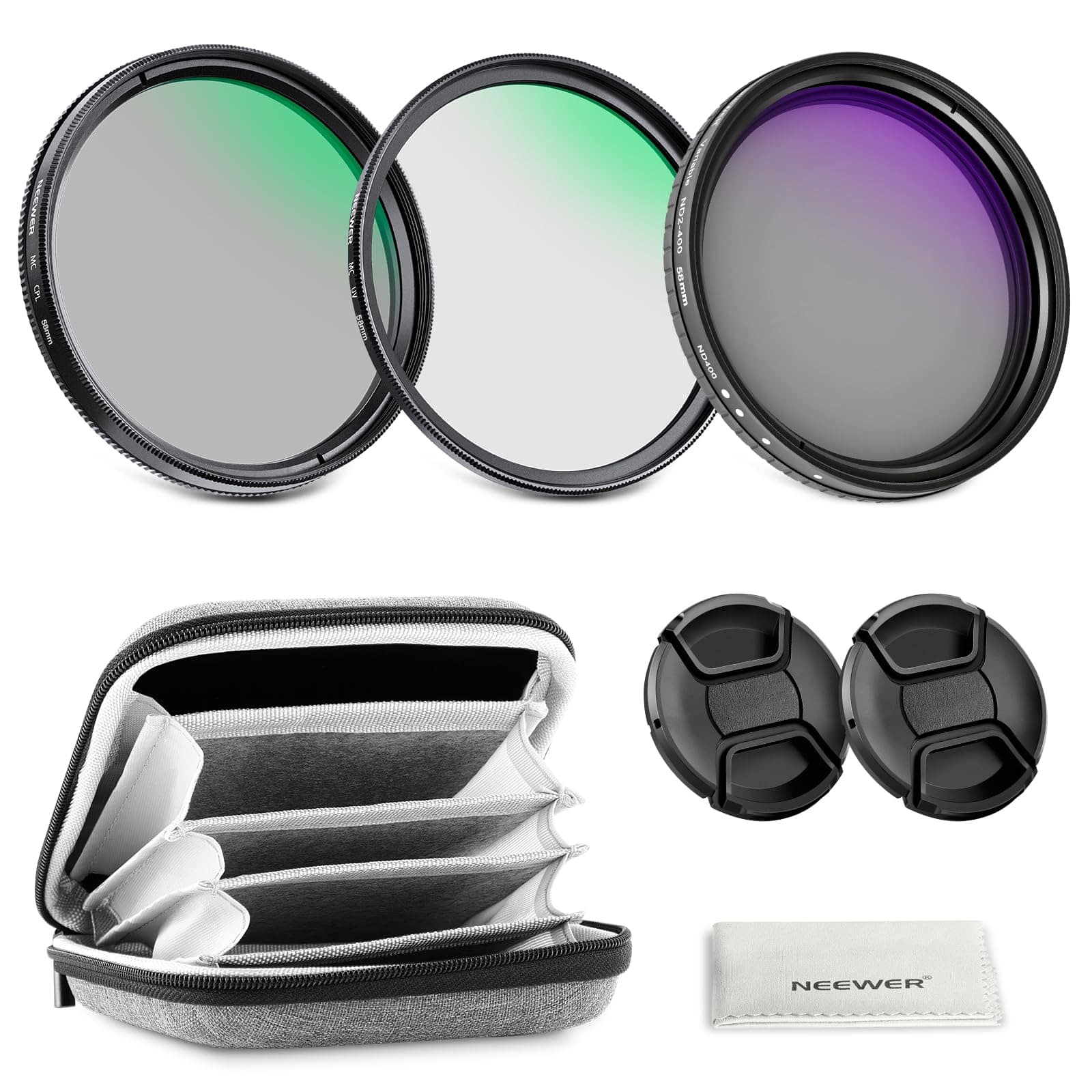 Neewer - 58mm VND2-400 + CPL + UV 3-Pack, Case & Caps