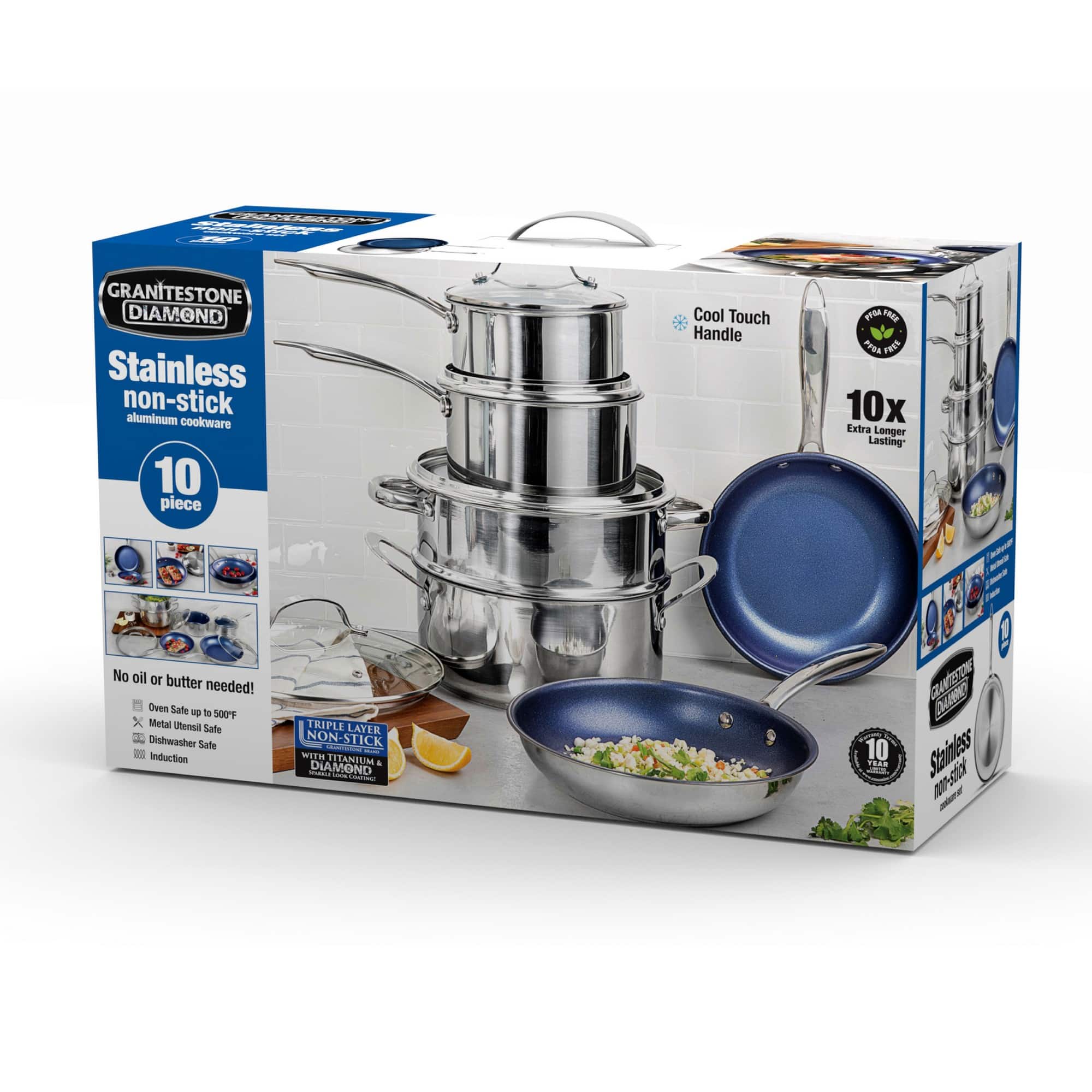 Granitestone - Stainless steel 10 Piece Cookware Set - Blue - Thumbnail 3