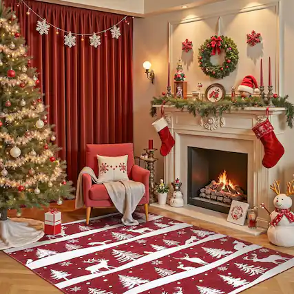 Front. Jojoka - Red 4x6 Christmas Area Rug Non-Slip Washable Xmas Tree Snowflake Soft Low Pile for Living Room Bedroom Decor - Red.