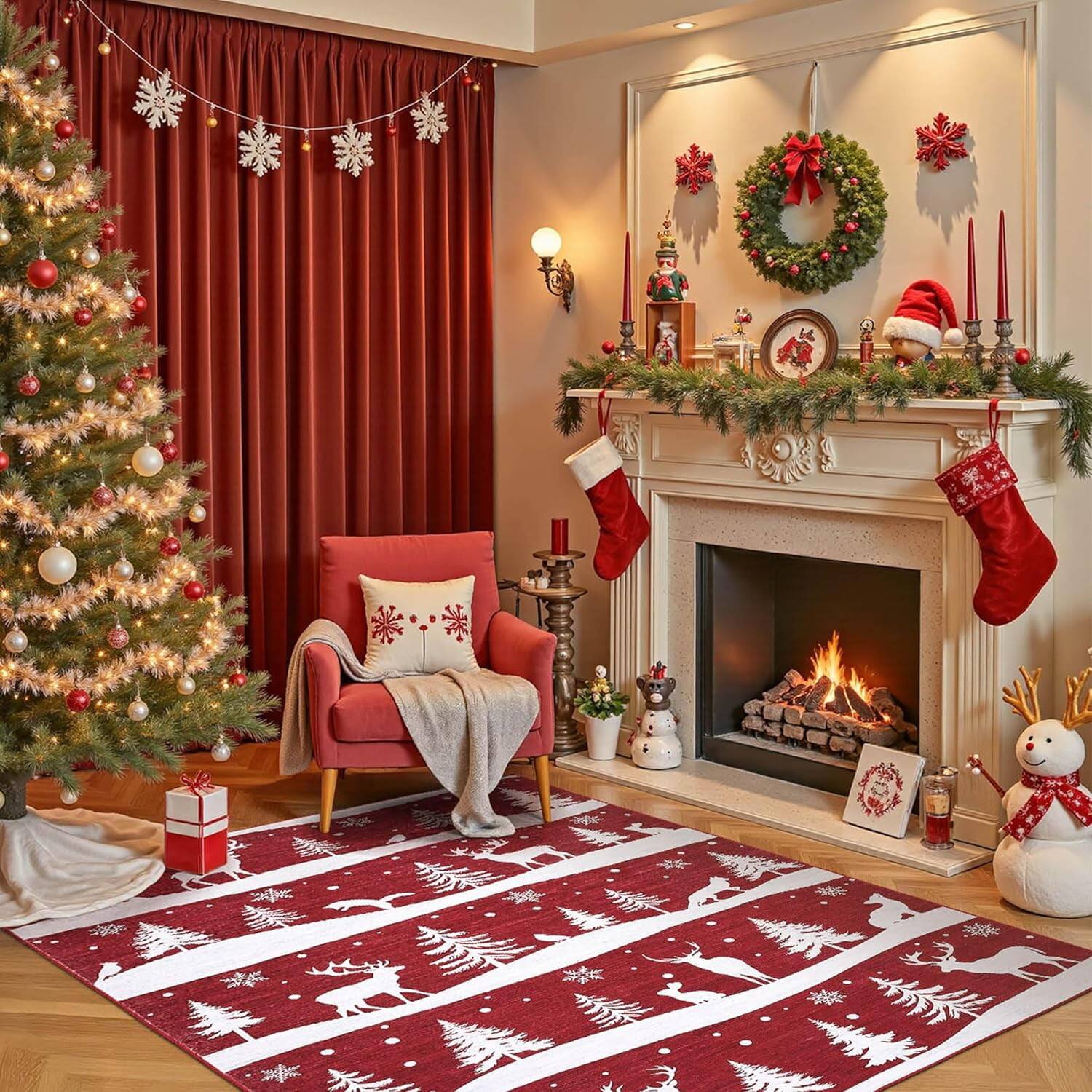 Front. Jojoka - Red 4x6 Christmas Area Rug Non-Slip Washable Xmas Tree Snowflake Soft Low Pile for Living Room Bedroom Decor - Red.