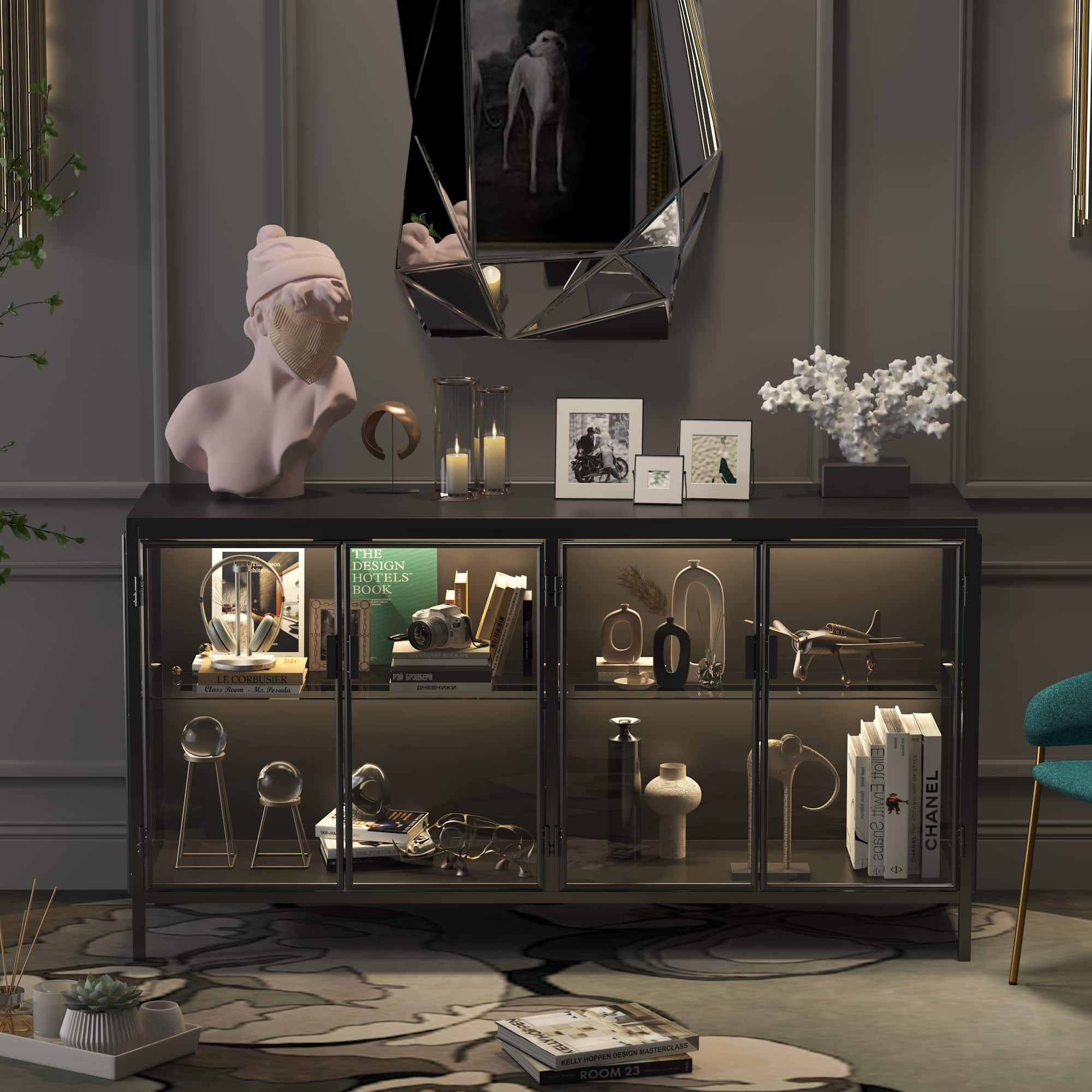 Famapy - Modern Glass - Door Display Cabinet with Adjustable Lighting - Black