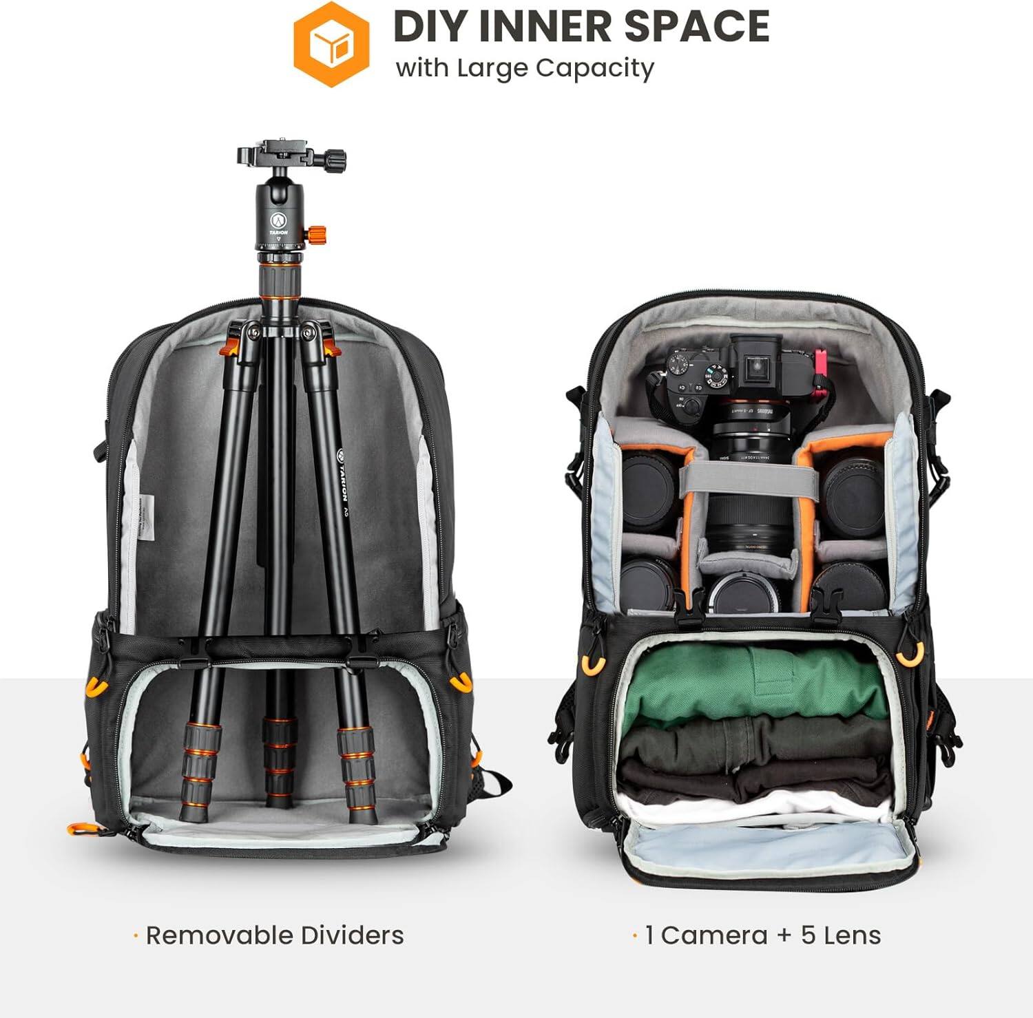 DIY INNER SPACE with Large Capacity

- Removable Dividers
- 1 Camera + 5 Lens
