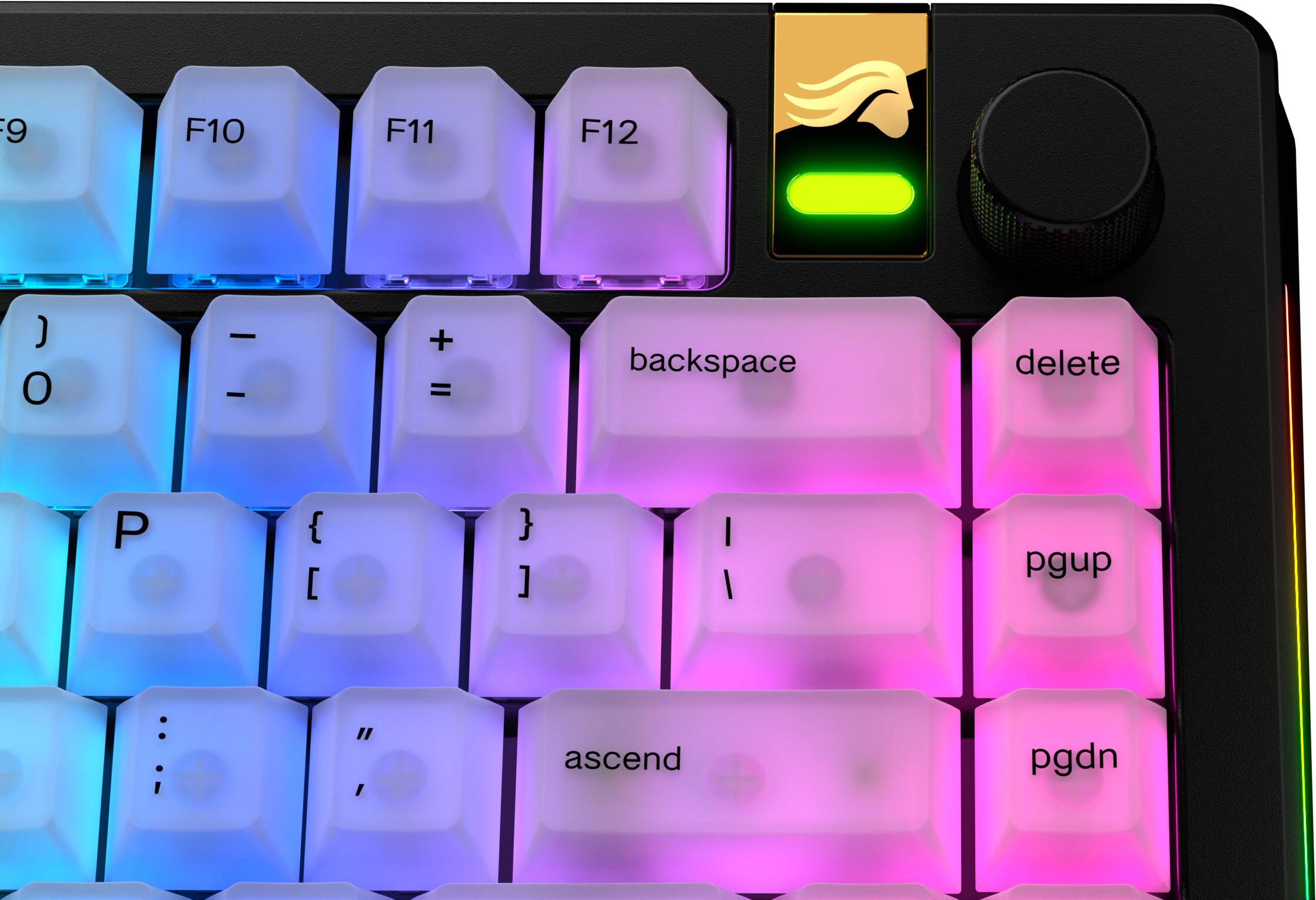 The text on the image is grouped and corrected as follows:

1. F10 F11 F12: These are function keys on the keyboard.
2. O: This is the letter "O" on the keyboard.
3. + = backspace delete: These are the backspace and delete keys on the keyboard.
4. P: This is the letter "P" on the keyboard.
5. { [ } ]: These are the left and right braces on the keyboard.
6. pgup: This is the "page up" key on the keyboard.
7. pgdn: This is the "page down" key on the keyboard.
8. " ascend: This is the "ascend" key on the keyboard.
9. Pgup and Pgdn: These are the "page up" and "page down" keys on the keyboard.