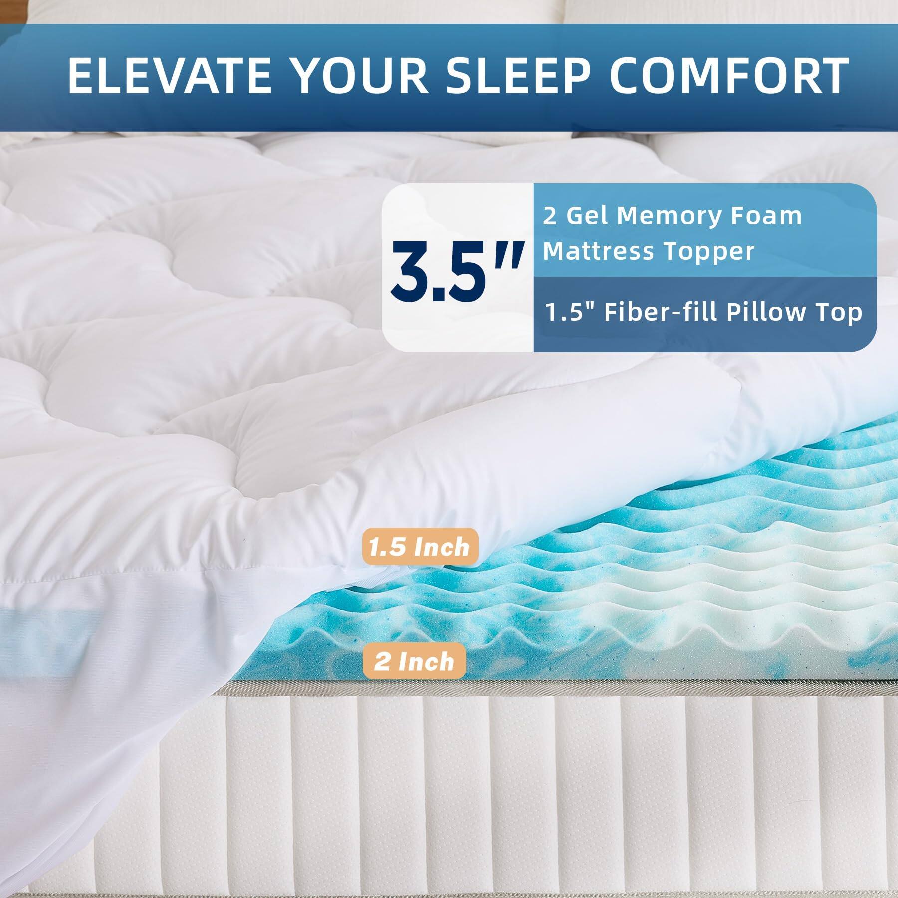 ELEVATE YOUR SLEEP COMFORT

3.5"  
2 Gel Memory Foam Mattress Topper  
1.5" Fiber-fill Pillow Top

1.5 Inch  
2 Inch