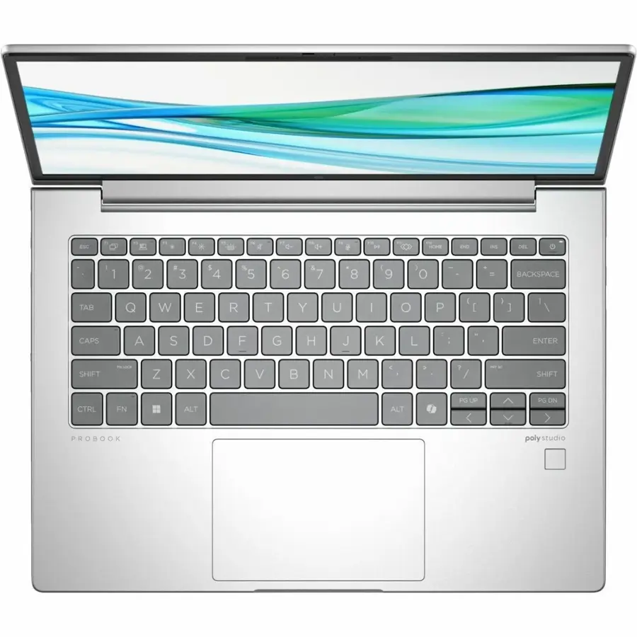 The image shows a laptop with a silver keyboard. The keyboard has a row of numbers at the top, and the letters A to Z are arranged in two rows. The laptop is open, revealing the keyboard and the screen.