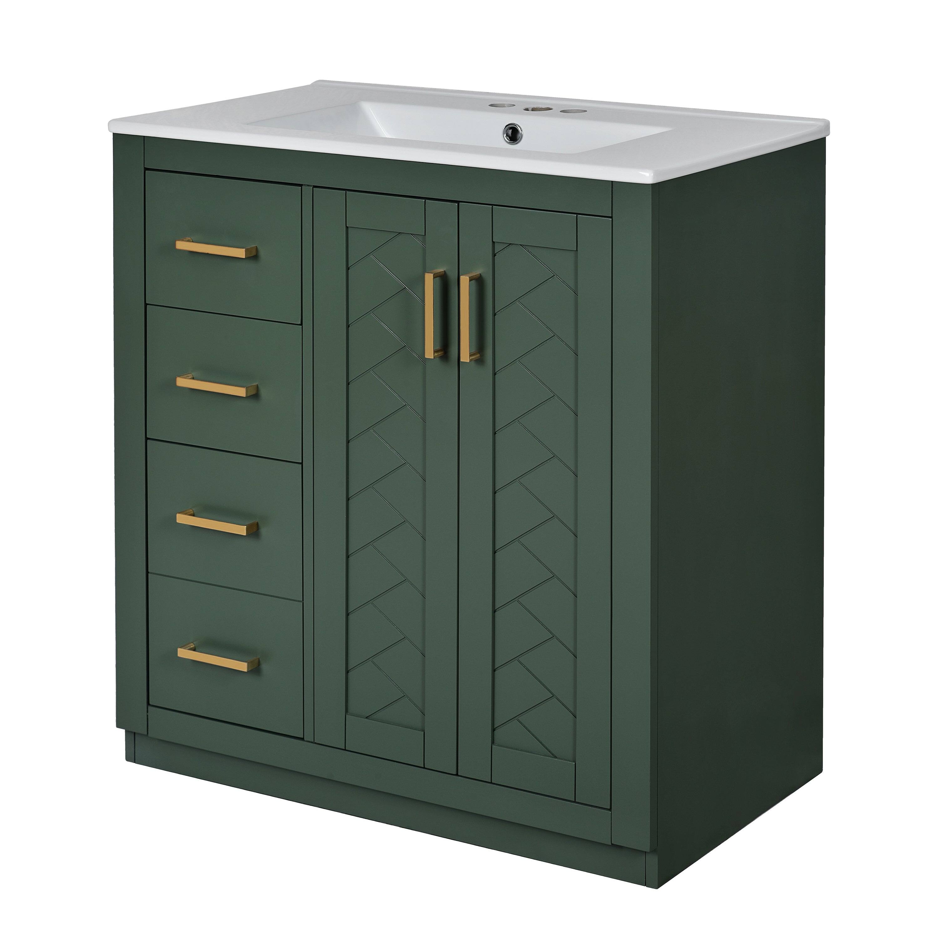 Front. Boyel Living - 30 Inch Bathroom Vanity Green with Ceramic Sink Solid Wood Frame 3 Drawers 1 Cabinet - Green.