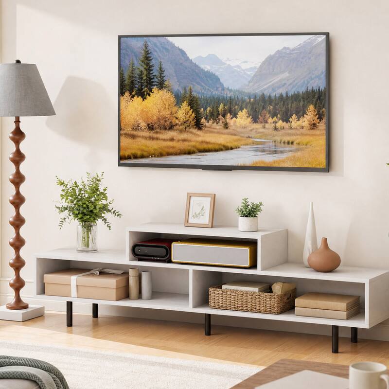 Angle. WELLFOR - TV Stand for TVs up to 70" with Open Storage Compartments,Entertainment Center Media Console for Living Room, Bedroom - White.