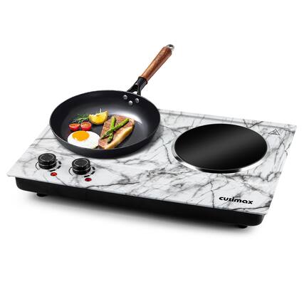 Front. Cusimax - 1800W Electric Cooktops with Dual Adjustable Temperature Control, Indicator Light, 120V - White Marble.