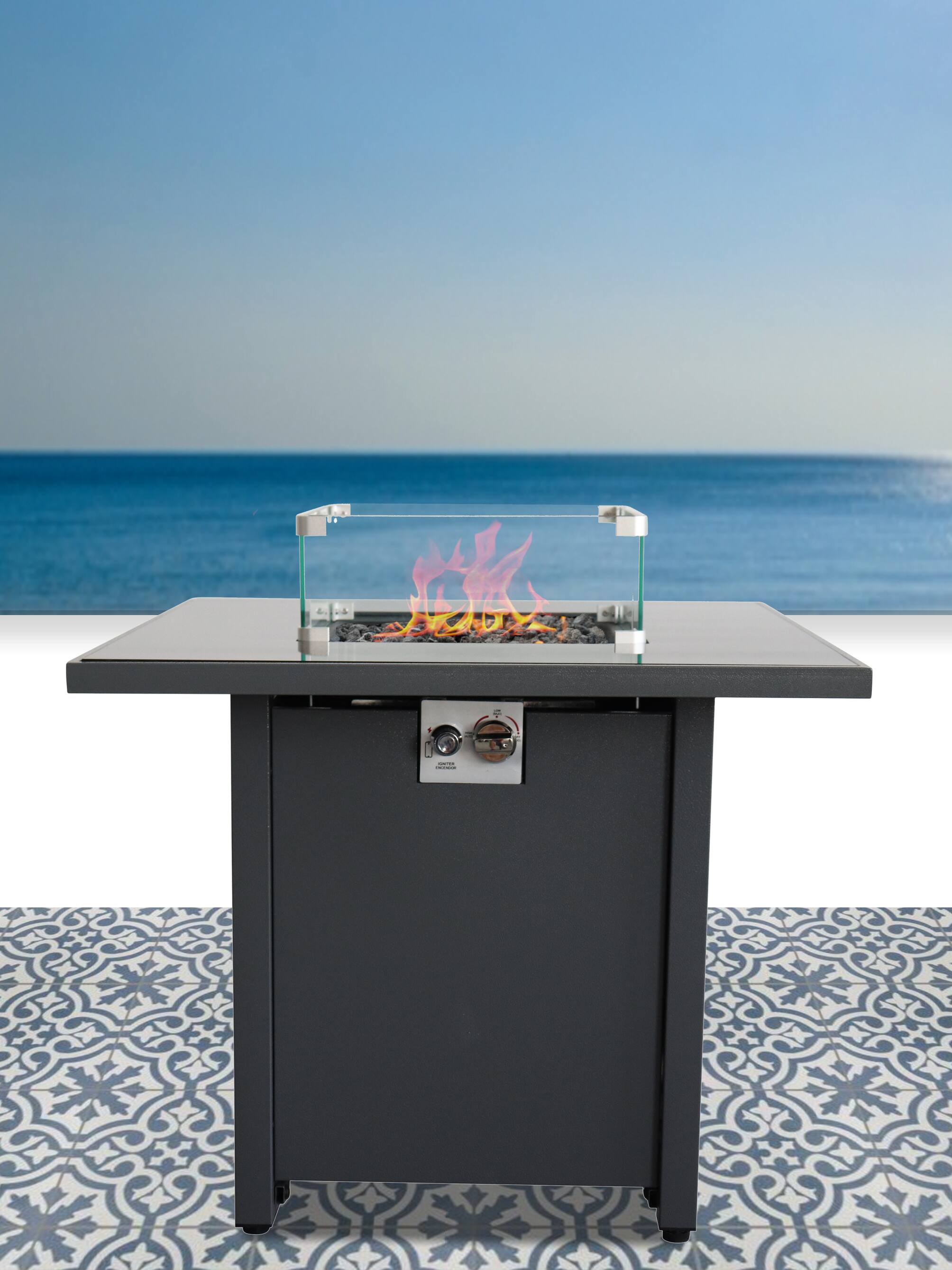 APRILSOUL - 25 inch H x 30 inch W Steel Outdoor Fire Pit Table with Lid - Gray