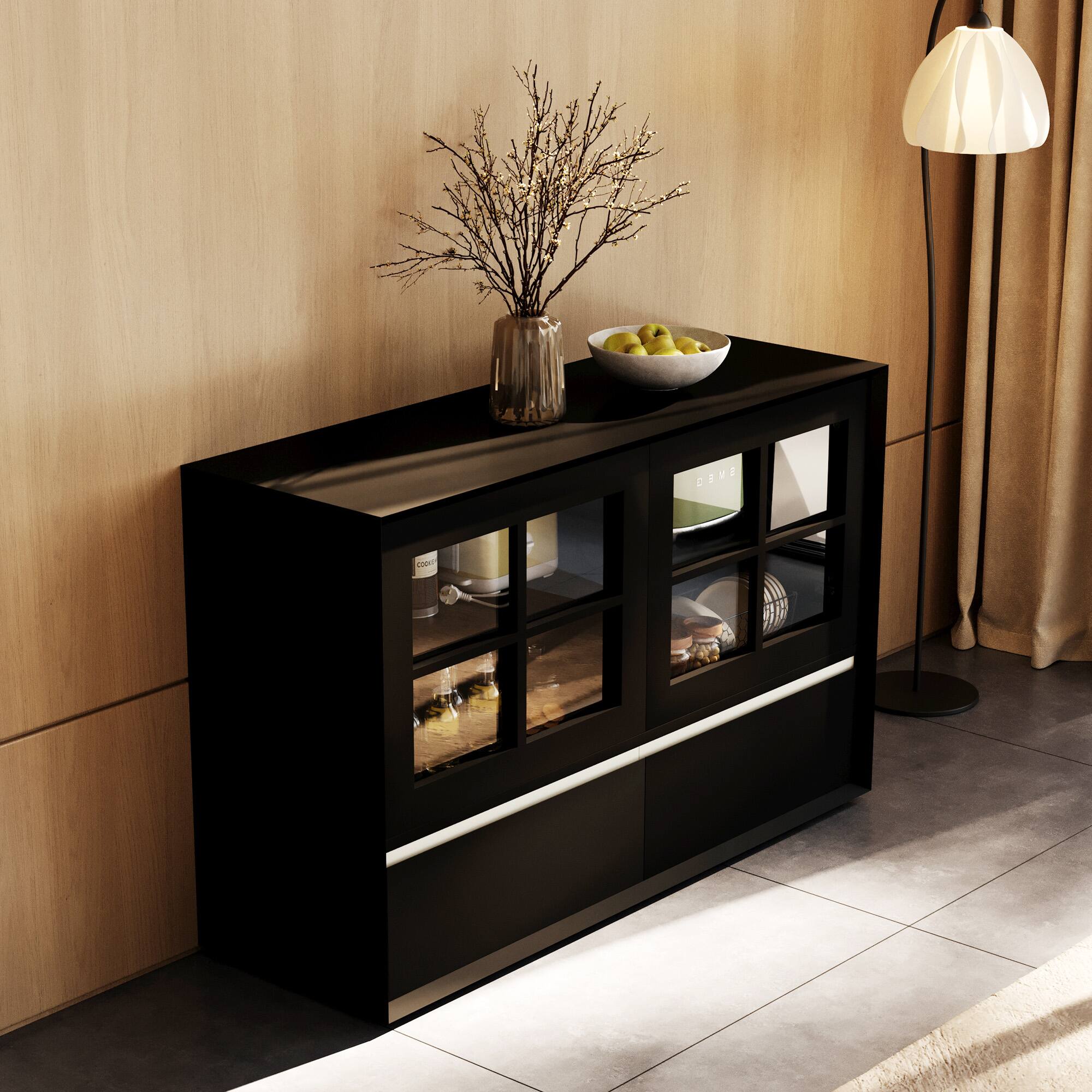 Back. luck idea - Modern 47.04" Storage Cabinet with Push-to-Open Acrylic Doors, Solid Wood Plywood Frame, Adjustable Shelves & 2 Drawers - Black.