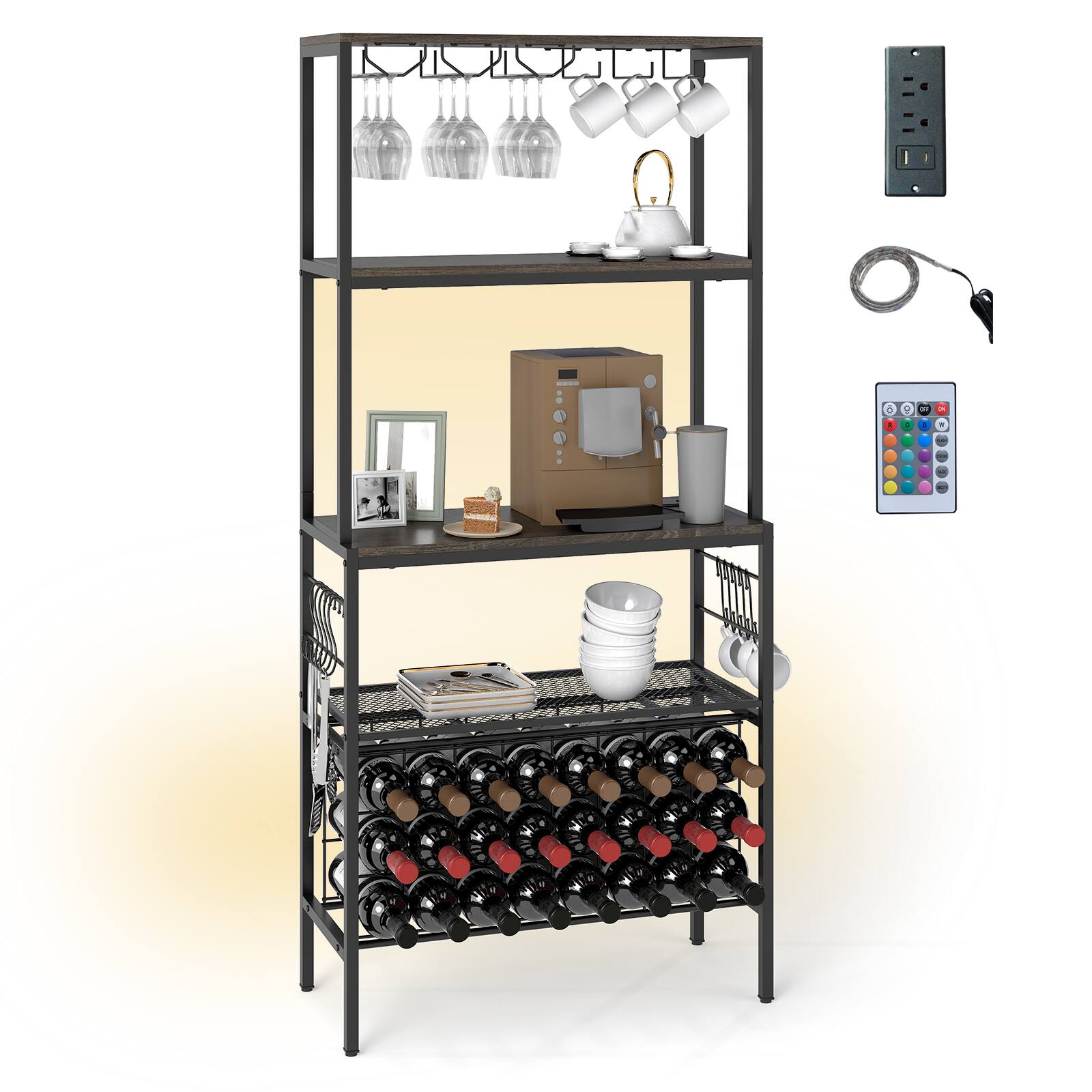 Gymax - 3-Tier Wine Rack Coffee Bar Station w/Power Outlets Hooks Glass Holders - Gray price history on PriceWatchPro