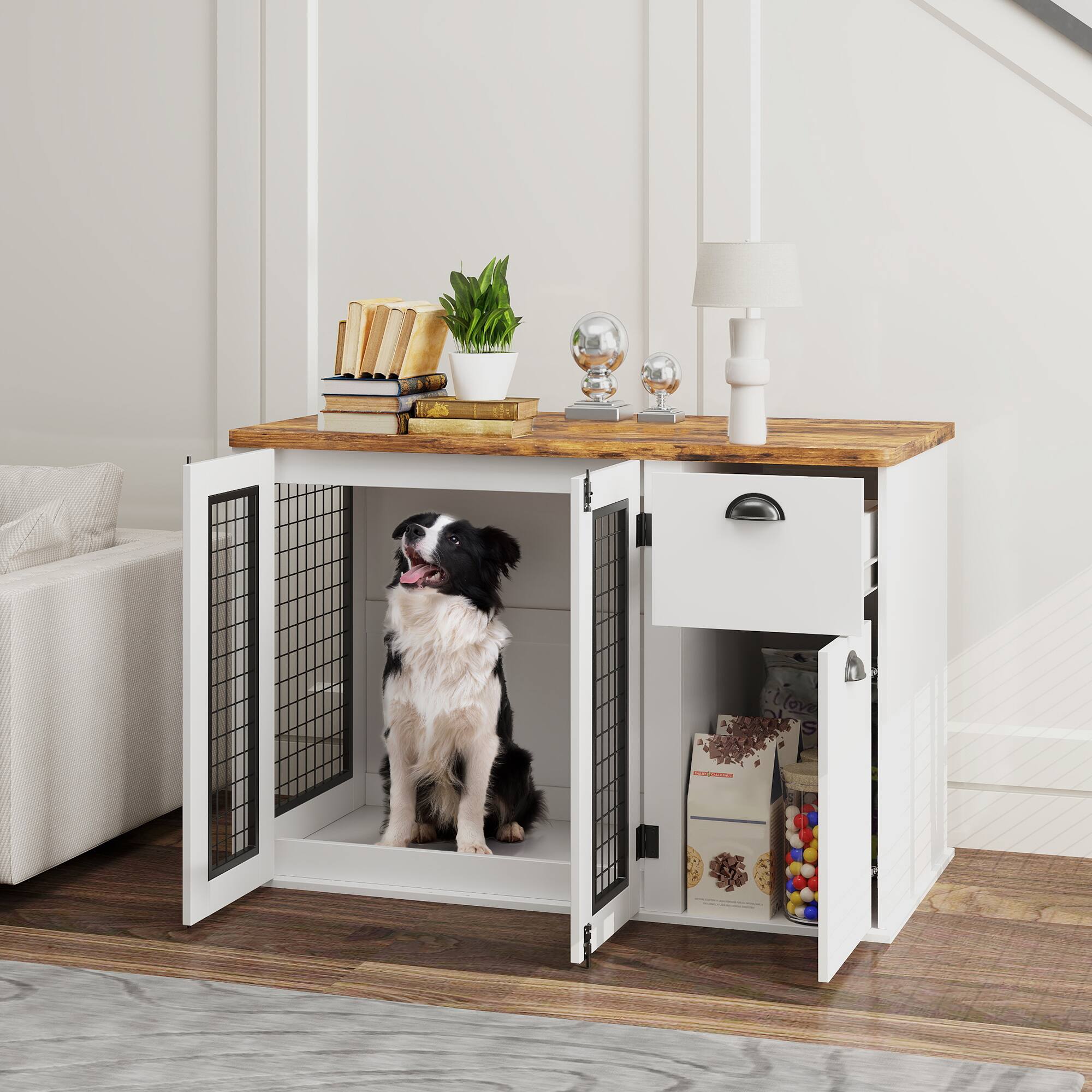 Angle. Pawhut - Dog Crate Furniture, 44" Dog Kennel End Table with Double Door, Storage, Drawer, Indoor Furniture Style Dog Cage.