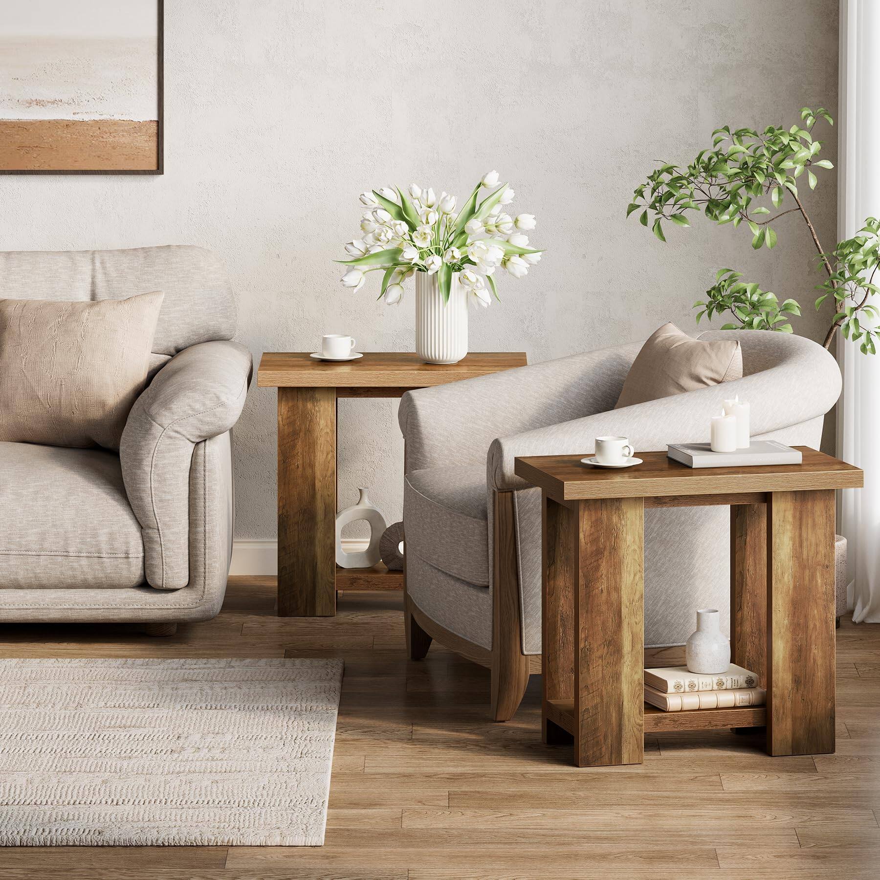 Tribesigns LITTLE TREE 2 Tier Side Table with Storage Shelf, Farmhouse ...