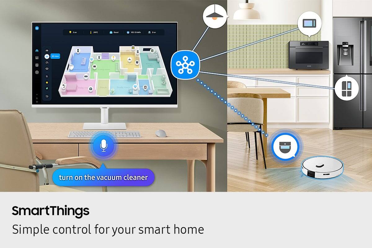 SmartThings offers simple control for your smart home. With a variety of devices, such as a vacuum cleaner, you can turn on and off with ease. This image showcases a vacuum cleaner being controlled by a SmartThings device, with a computer monitor and keyboard nearby. The scene also includes a refrigerator and a chair, indicating a well-equipped smart home.