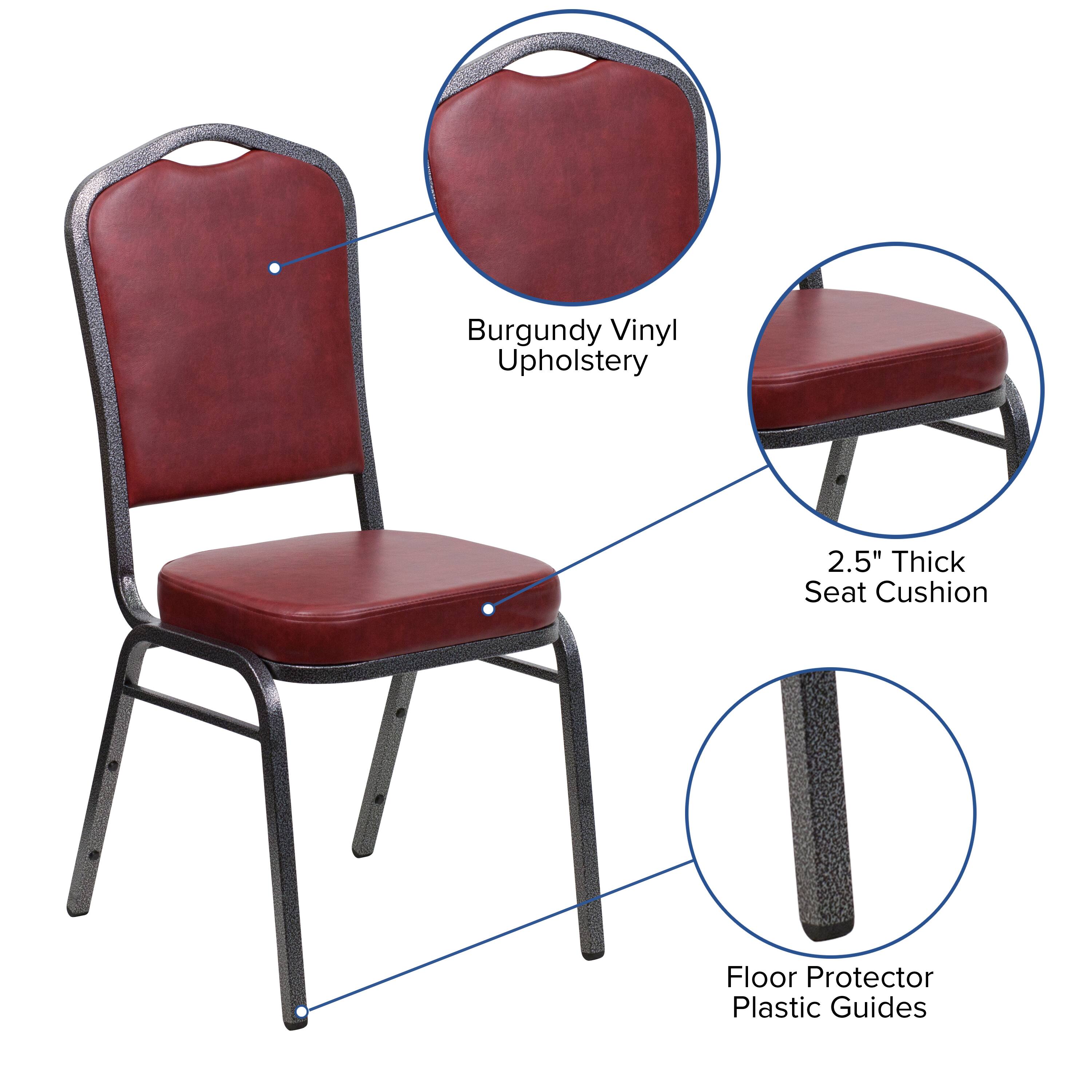 Burgundy Vinyl Upholstery  
2.5" Thick Seat Cushion  
Floor Protector Plastic Guides