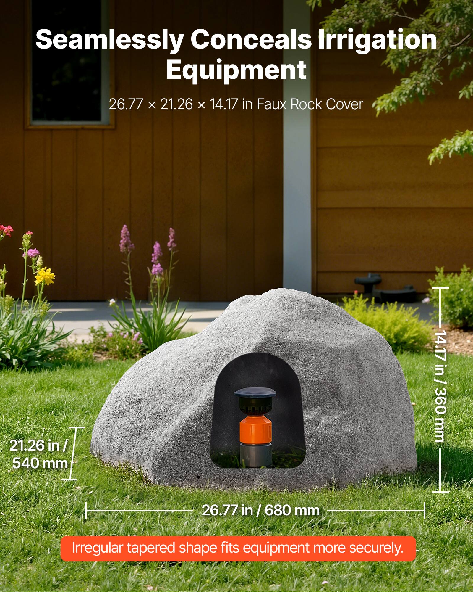 Seamlessly Conceals Irrigation Equipment  
26.77 x 21.26 x 14.17 in Faux Rock Cover  
21.26 in / 540 mm  
14.17 in / 360 mm  
26.77 in / 680 mm  
Irregular tapered shape fits equipment more securely.