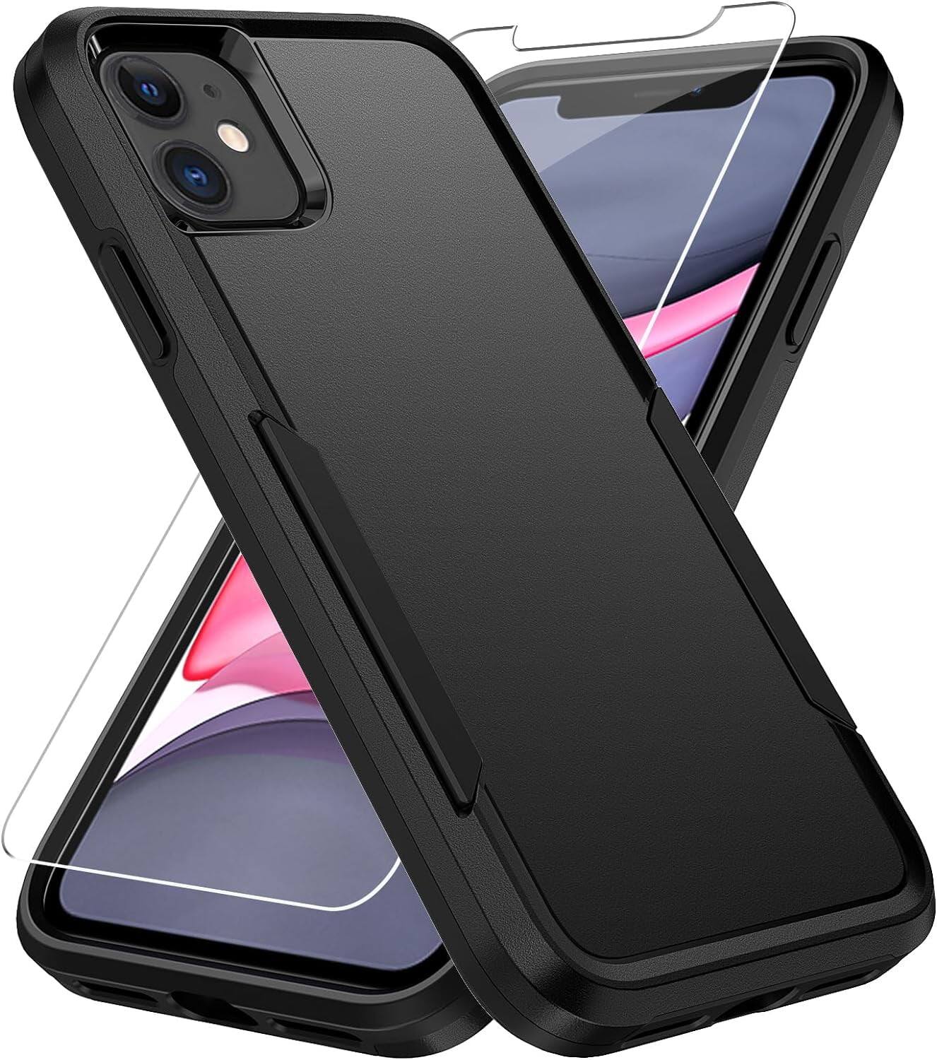Entronix - iPhone 11 Bundle - Soft-Touch Dual-Layer Phone Case with Clear Screen Protector - Black