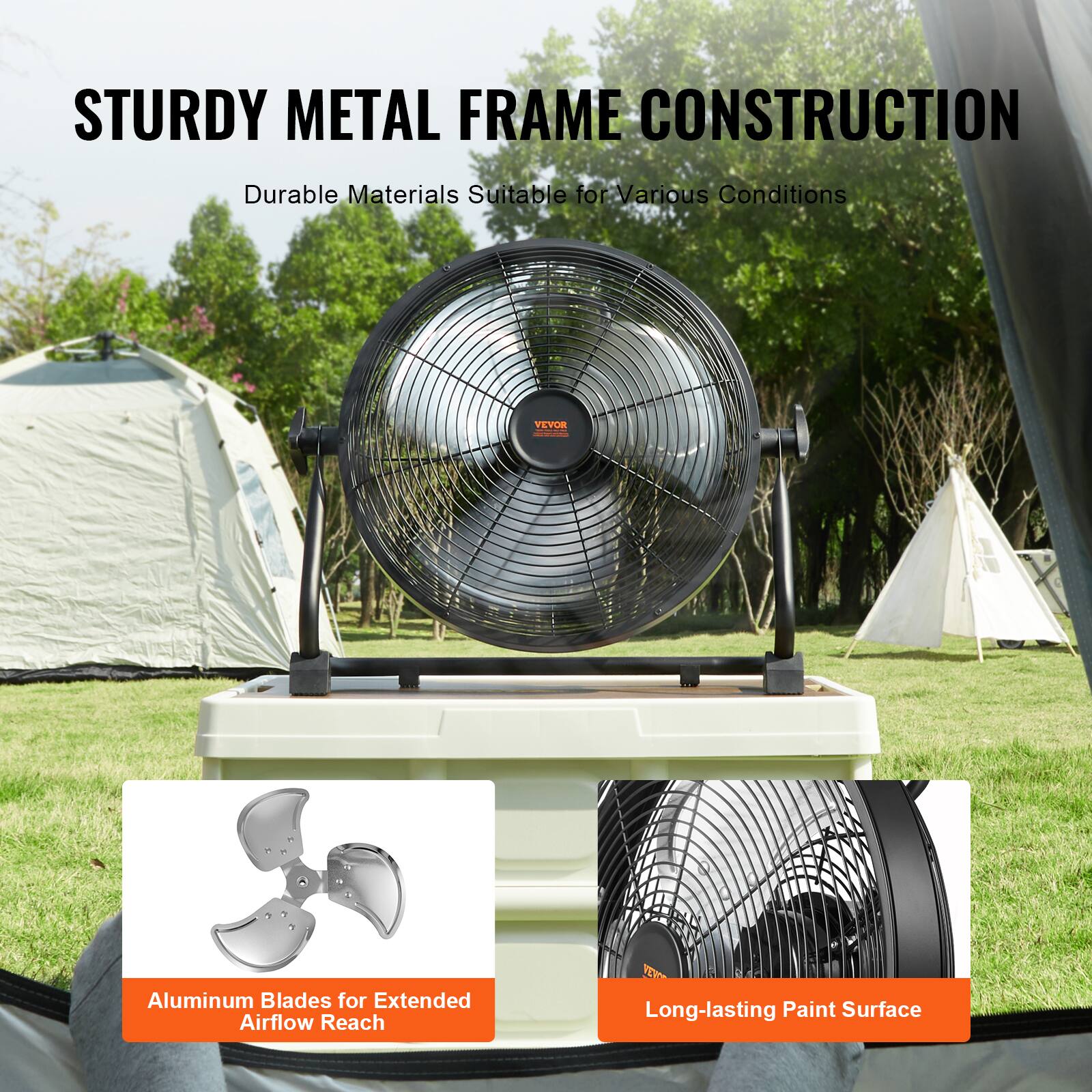STURDY METAL FRAME CONSTRUCTION  
Durable Materials Suitable for Various Conditions  

Aluminum Blades for Extended Airflow Reach  
Long-lasting Paint Surface