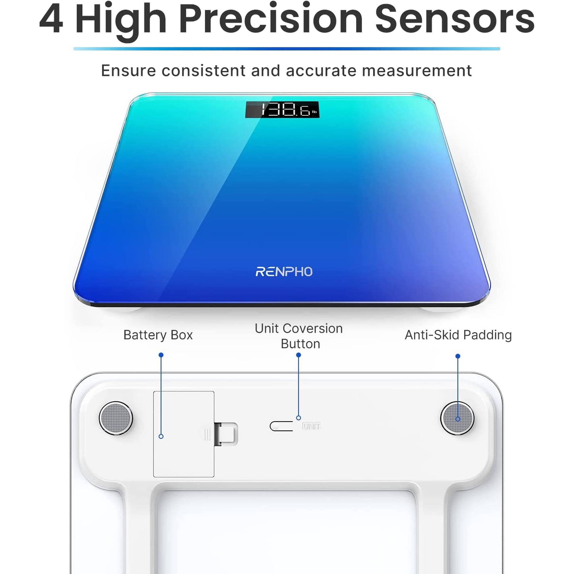 4 High Precision Sensors  
Ensure consistent and accurate measurement  

1386  
RENPHO  
Battery Box  
Unit Conversion Button  
Anti-Skid Padding  
UNT