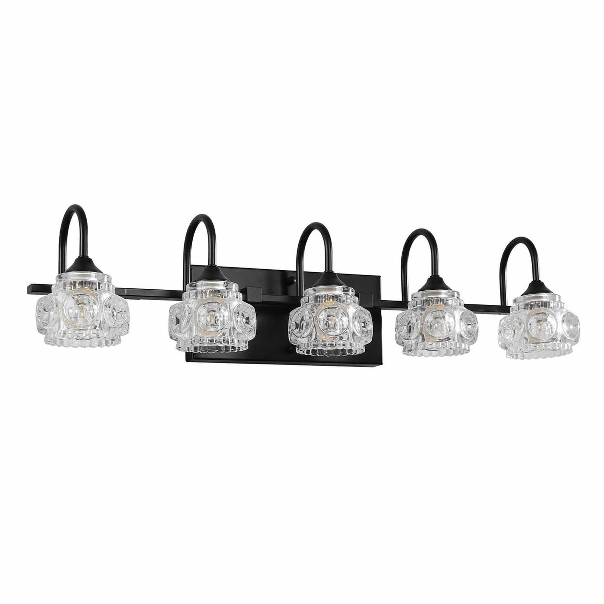 Alt View 4. RYHNUYNE - 29-Inch 5-Light Black Vanity Light with Crystal Shades for Bathroom, Powder Room, and Dressing Area – Wall-Mounted.