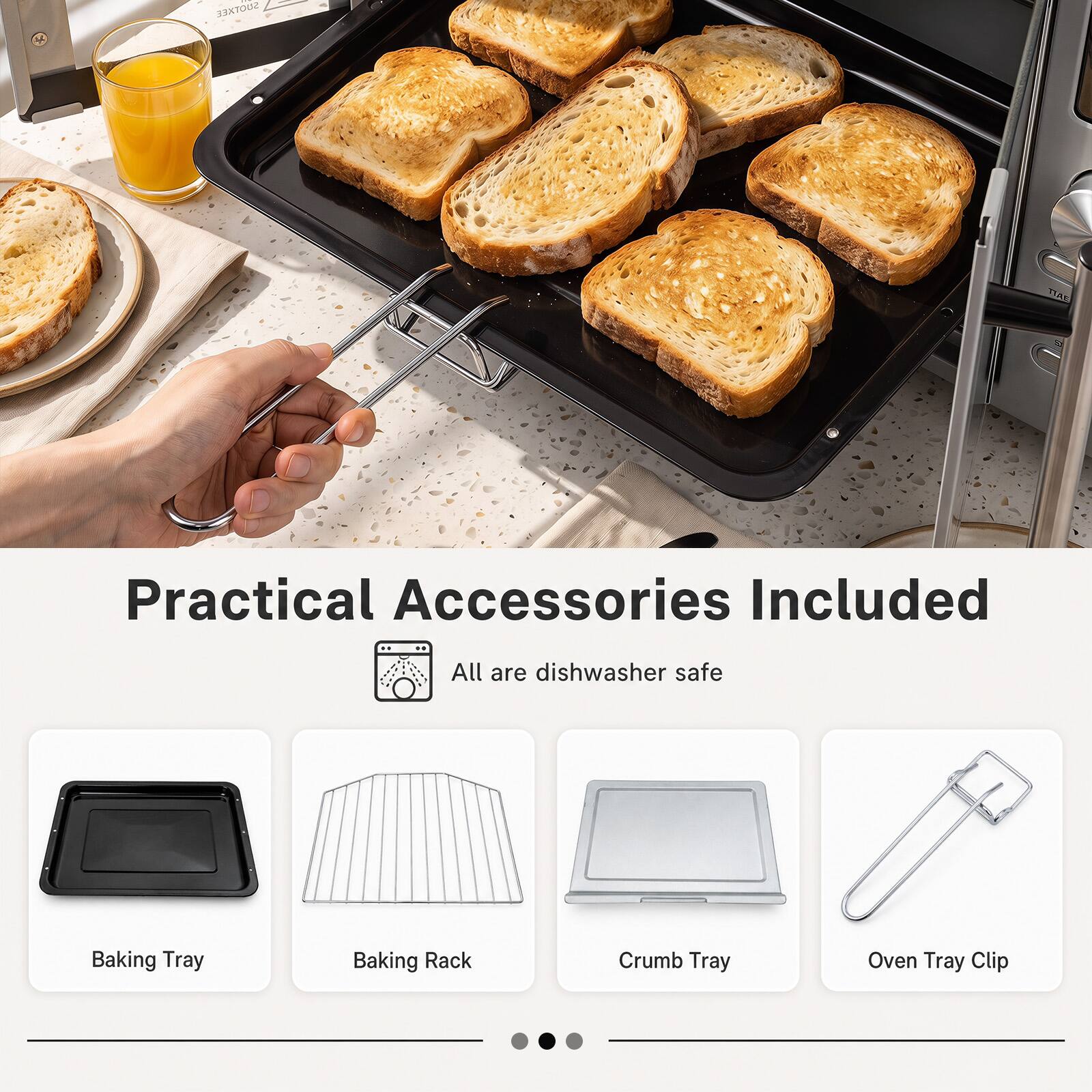 SOLTREE 1185 Practical Accessories Included All are dishwasher safe Baking Tray Baking Rack Crumb Tray Oven Tray Clip