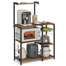 Songmics Home - Baker's Rack, Microwave Stand with Wire Basket, 6 Hooks, and Shelves, for Spices, Pots, and Pans - Rustic Brown and Black
