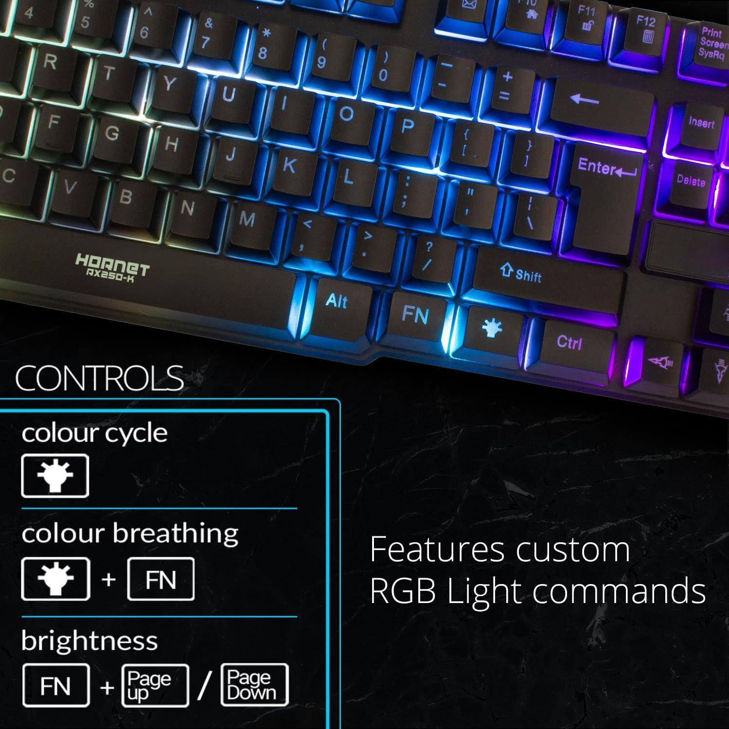 **CONTROLS**

- Colour cycle
- Colour breathing (FN + Colour cycle icon)
- Brightness (FN + Page Up / Page Down)

**Features custom RGB Light commands**