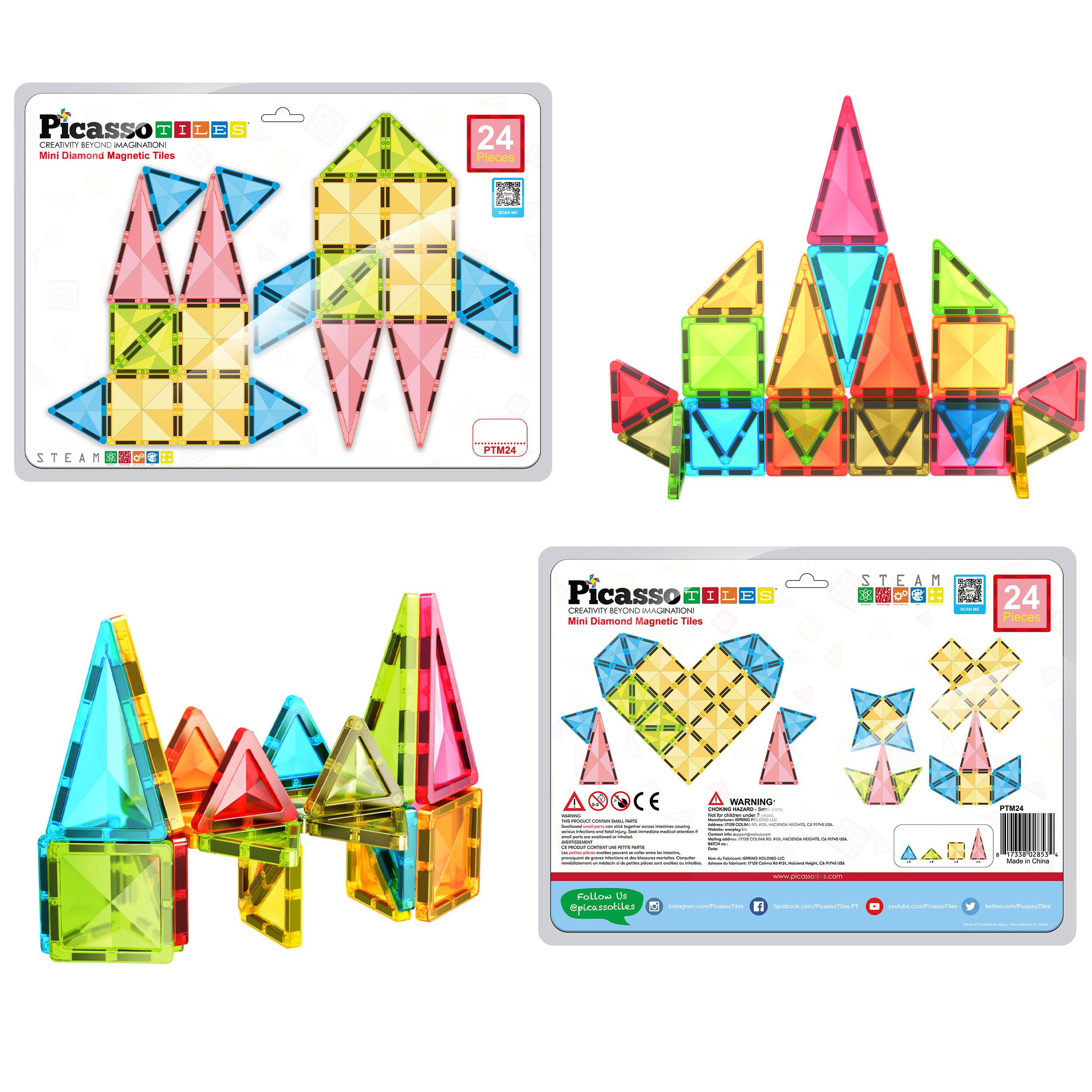 Picasso TESS  
Creativity Beyond Imagination  
Mini Diamond Magnetic Tiles  

24 Pieces  

STEAM  
Science Technology Engineering Arts Math  

PTM24  

WARNING:  
CHOKING HAZARD - Small parts. Not for children under 3 years.  

Made in China  

Follow Us  
@picassotiles  
Instagram: @picassotiles  
Facebook: facebook.com/PicassoTiles  
YouTube: youtube.com/PicassoTiles  
Twitter: twitter.com/PicassoTiles  
www.picassotiles.com  

Picasso TESS  
Creativity Beyond Imagination  
Mini Diamond Magnetic Tiles  

24 Pieces  

STEAM  
Science Technology Engineering Arts Math  

PTM24  

WARNING:  
CHOKING HAZARD - Small parts. Not for children under 3 years.  

Made in China  

Follow Us  
@picassotiles  
Instagram: @picassotiles  
Facebook: facebook.com/PicassoTiles  
YouTube: youtube.com/PicassoTiles  
Twitter: twitter.com/PicassoTiles  
www.picassotiles.com