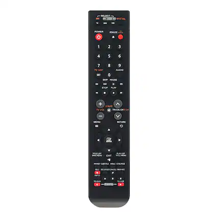 SELECT - VIEW
INPUT SEL
TV DVD
POWER
1 2 3 4 5 6 7 8 9 0
TV 100+ AUDIO
SET SKIP PAUSE PLAY STOP
TV MUTE TV VOL
TRK/CBC/CH
RETURN
MENU
TITLE LIST DISC MENU
PLAY LIST TITLE MENU
ANYKEY SUBTITLE ANGLE
EZ REC MODE
CANCEL TIMER REC
TO DVD TO VCR
