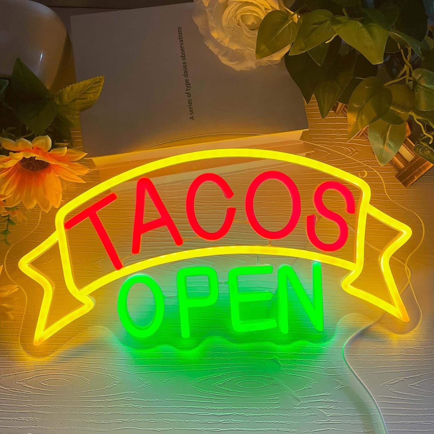 Auledio - Tacos Open Neon Signs for Wall Decor, LED Taco Neon Light for Mexican Restaurant Decor, Taco Food Light Bar Restaurant - Multicolor