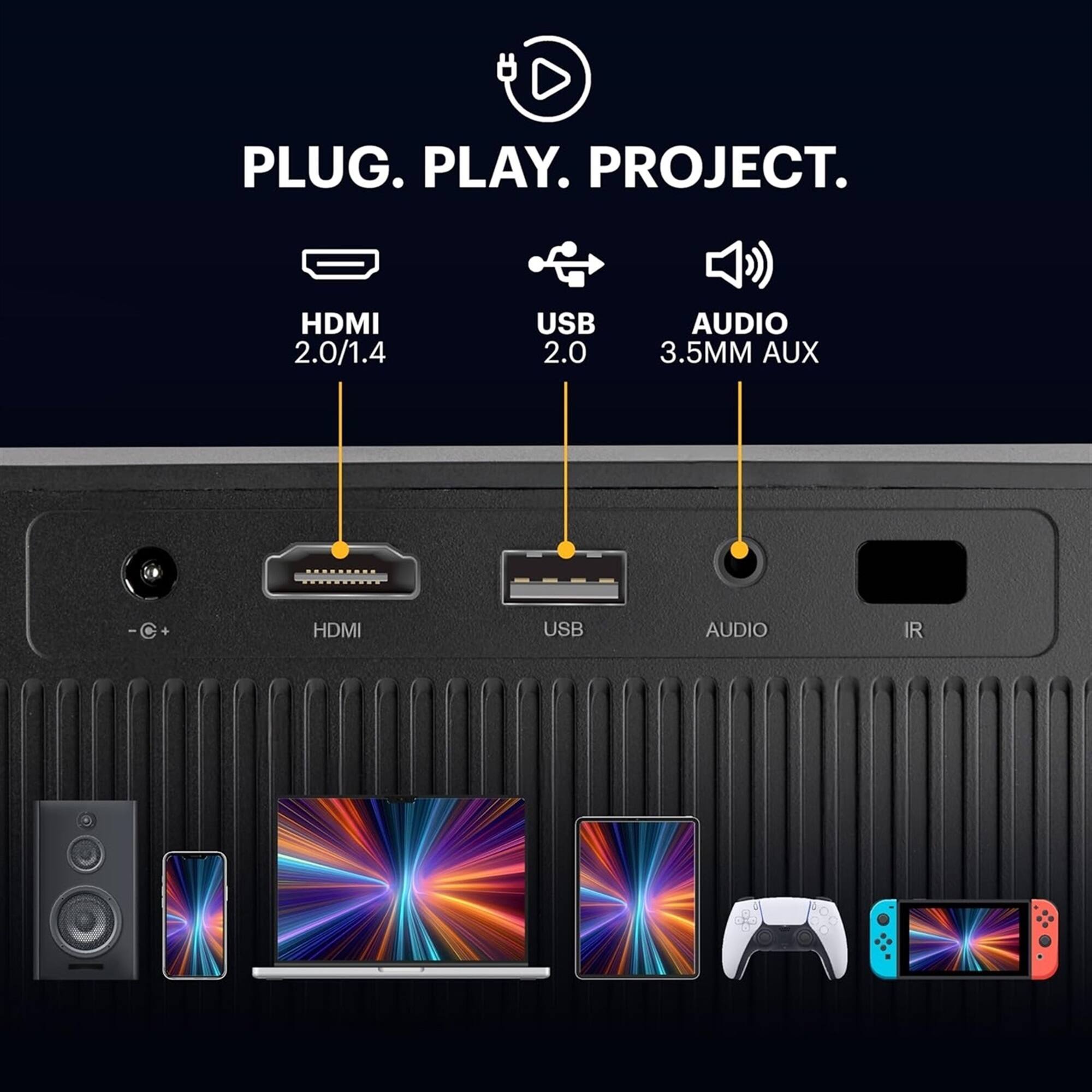PLUG. PLAY. PROJECT.

HDMI 2.0/1.4  
USB 2.0  
AUDIO 3.5MM AUX  
IR
