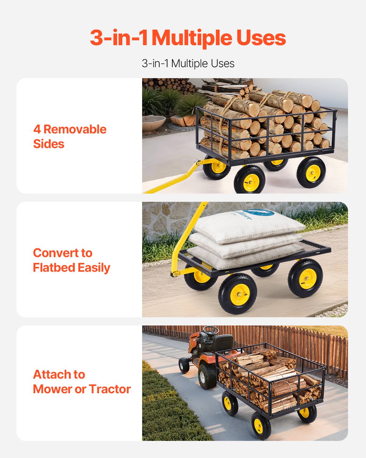 3-in-1 Multiple Uses
3-in-1 Multiple Uses
4 Removable Sides
Convert to Flatbed Easily
Attach to Mower or Tractor