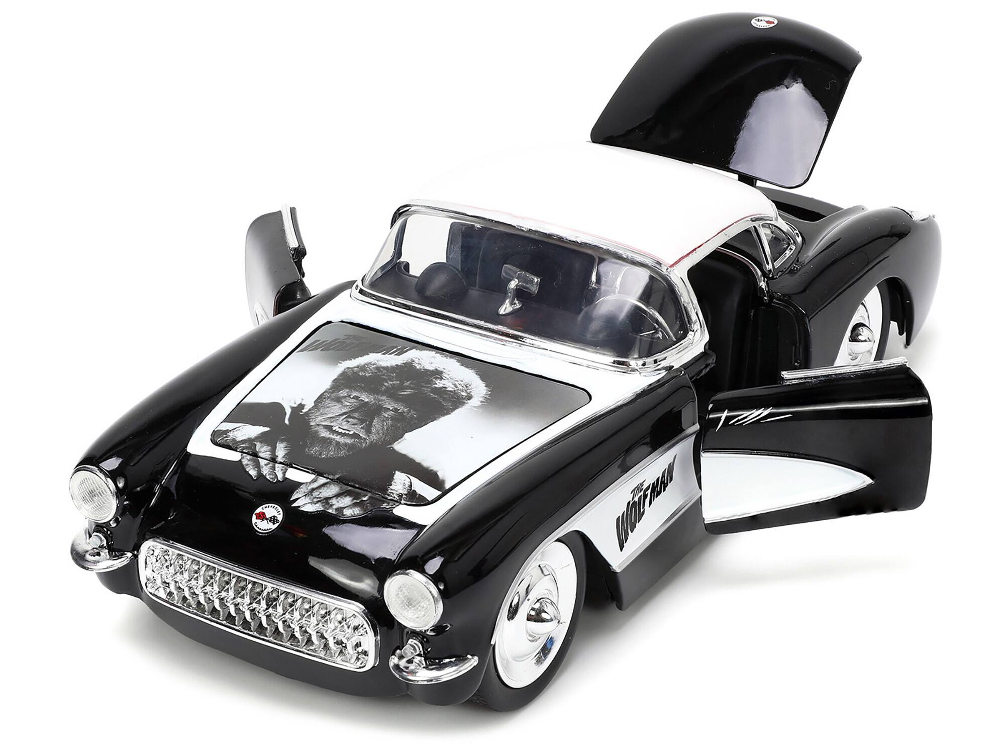 Alt View 1. Jada - 1957 Chevrolet Corvette Black w/White Top and Wolfman Diecast Figure "Universal Monsters" 1/24 Diecast Model Car by Jada.