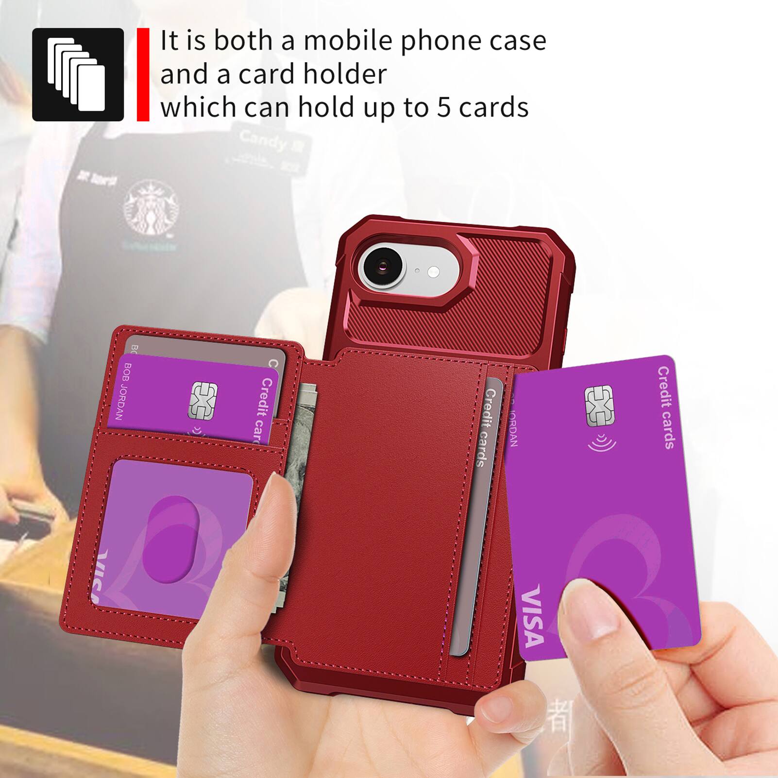 It is both a mobile phone case and a card holder which can hold up to 5 cards.