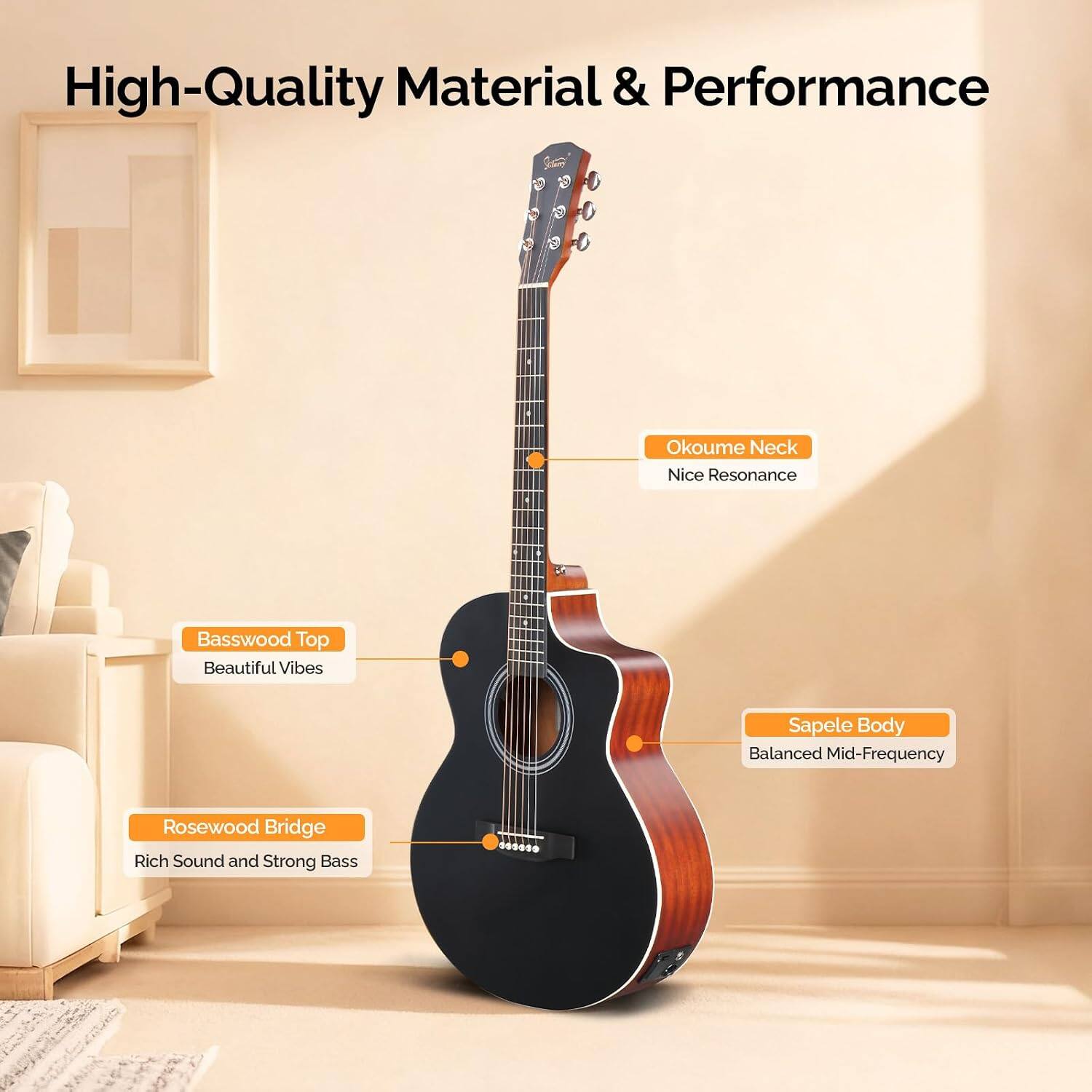High-Quality Material & Performance

Okoume Neck Nice Resonance

Basswood Top Beautiful Vibes

Sapele Body Balanced Mid-Frequency

Rosewood Bridge Rich Sound and Strong Bass